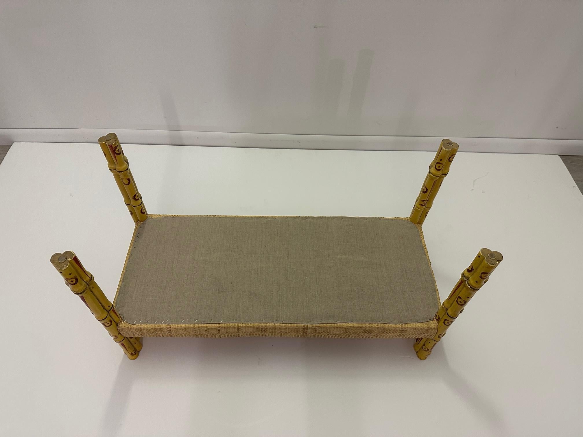 Stylish Faux Bamboo Bench with New Raffia Upholstery For Sale 1