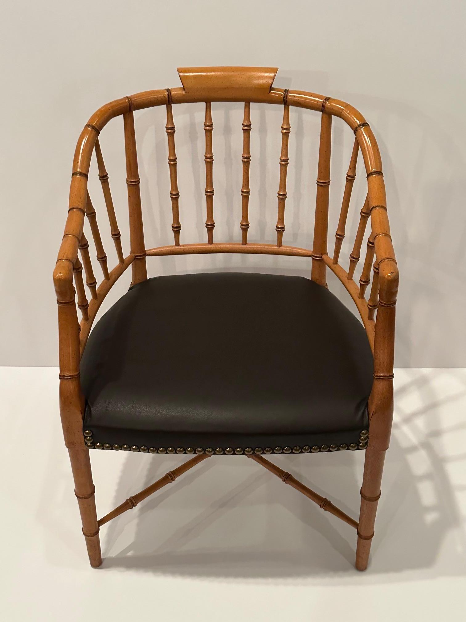 Stylish Faux Bamboo Regency Armchair with Chocolate Brown Leather Upholstery In Good Condition For Sale In Hopewell, NJ