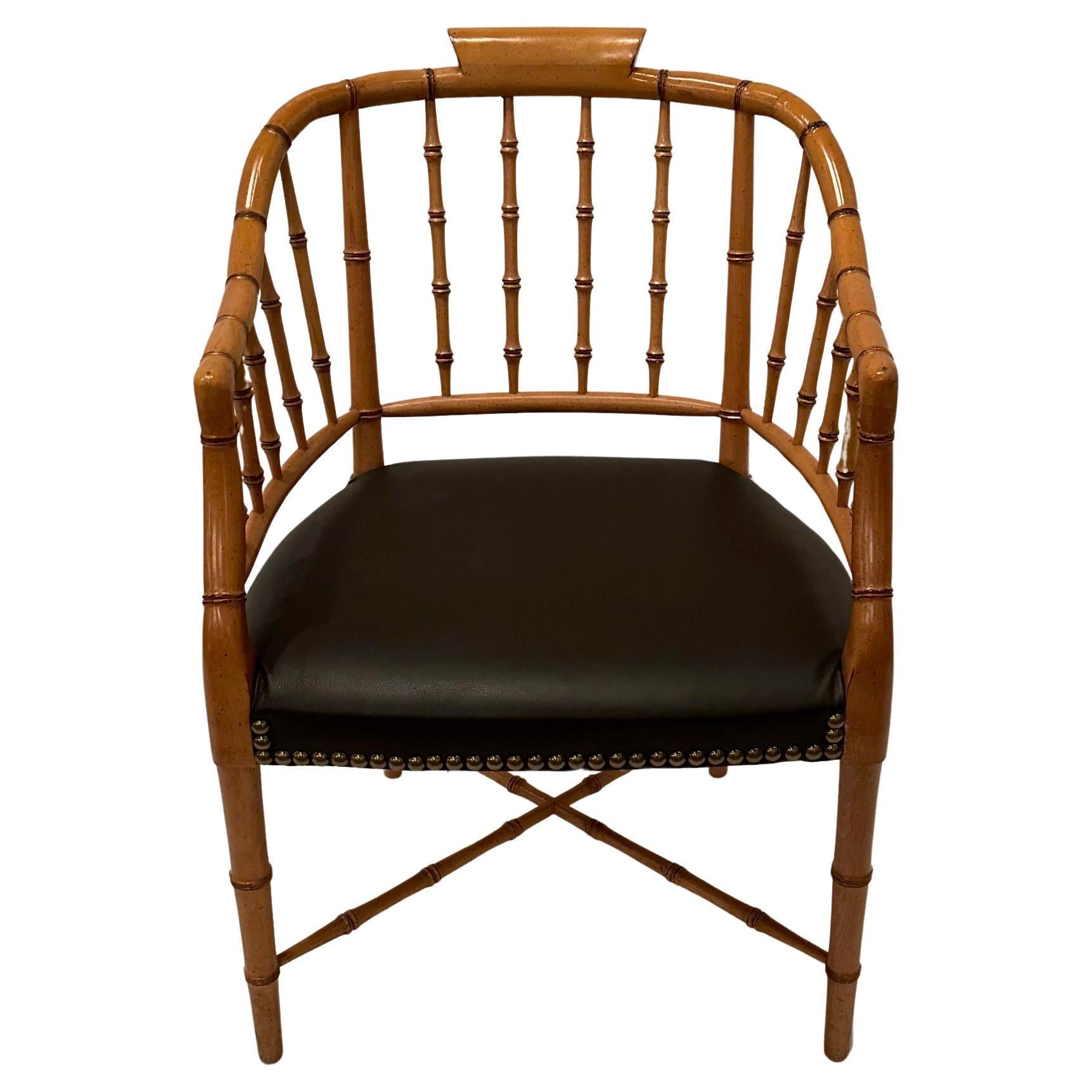 Stylish Faux Bamboo Regency Armchair with Chocolate Brown Leather Upholstery For Sale