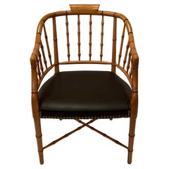 Vintage Stylish Faux Bamboo Regency Armchair with Chocolate Brown Leather Upholstery