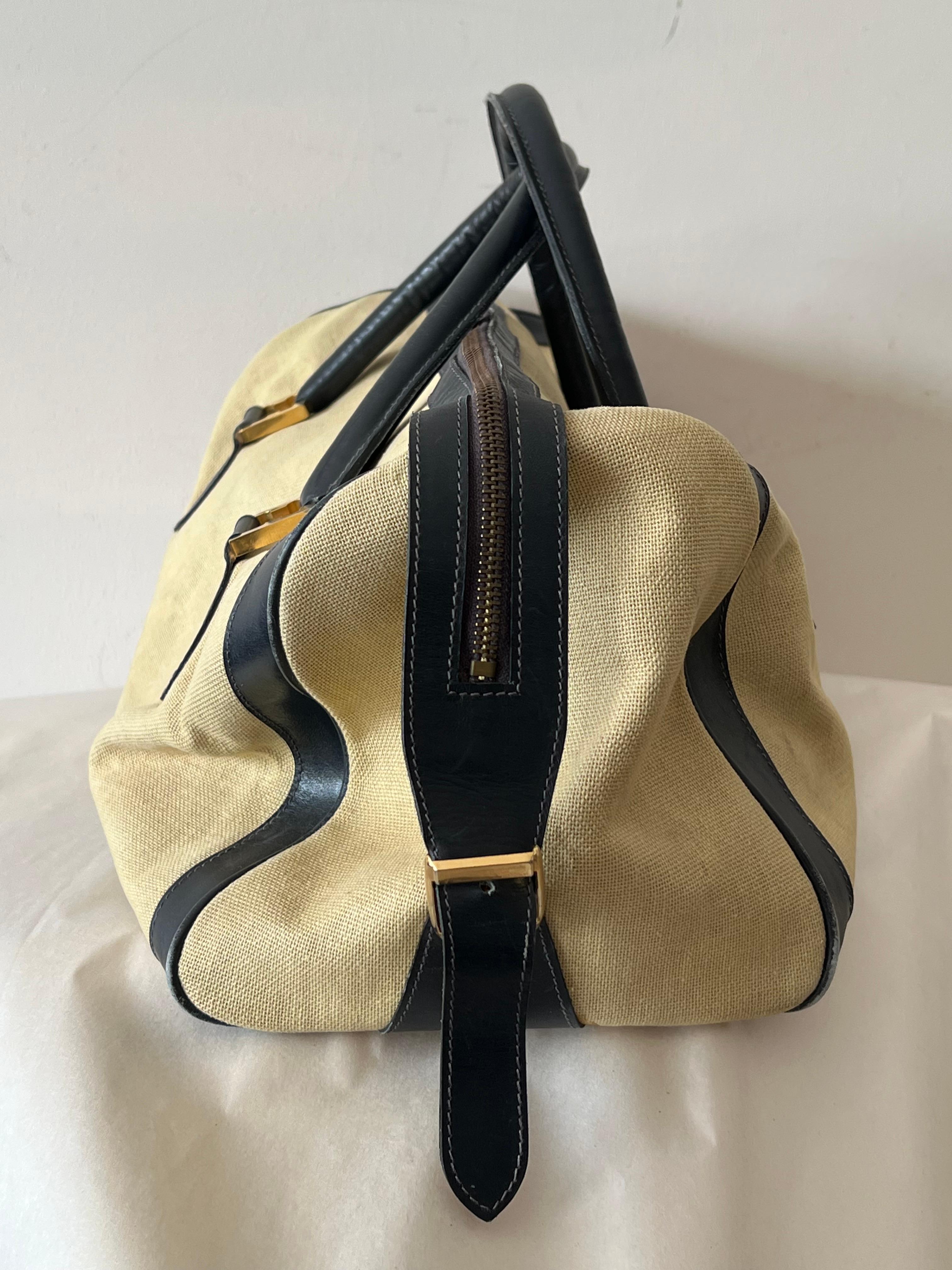 Stylish Ferragamo Leather/Canvas Bag With Brass Accents ca' 1980's For Sale 6