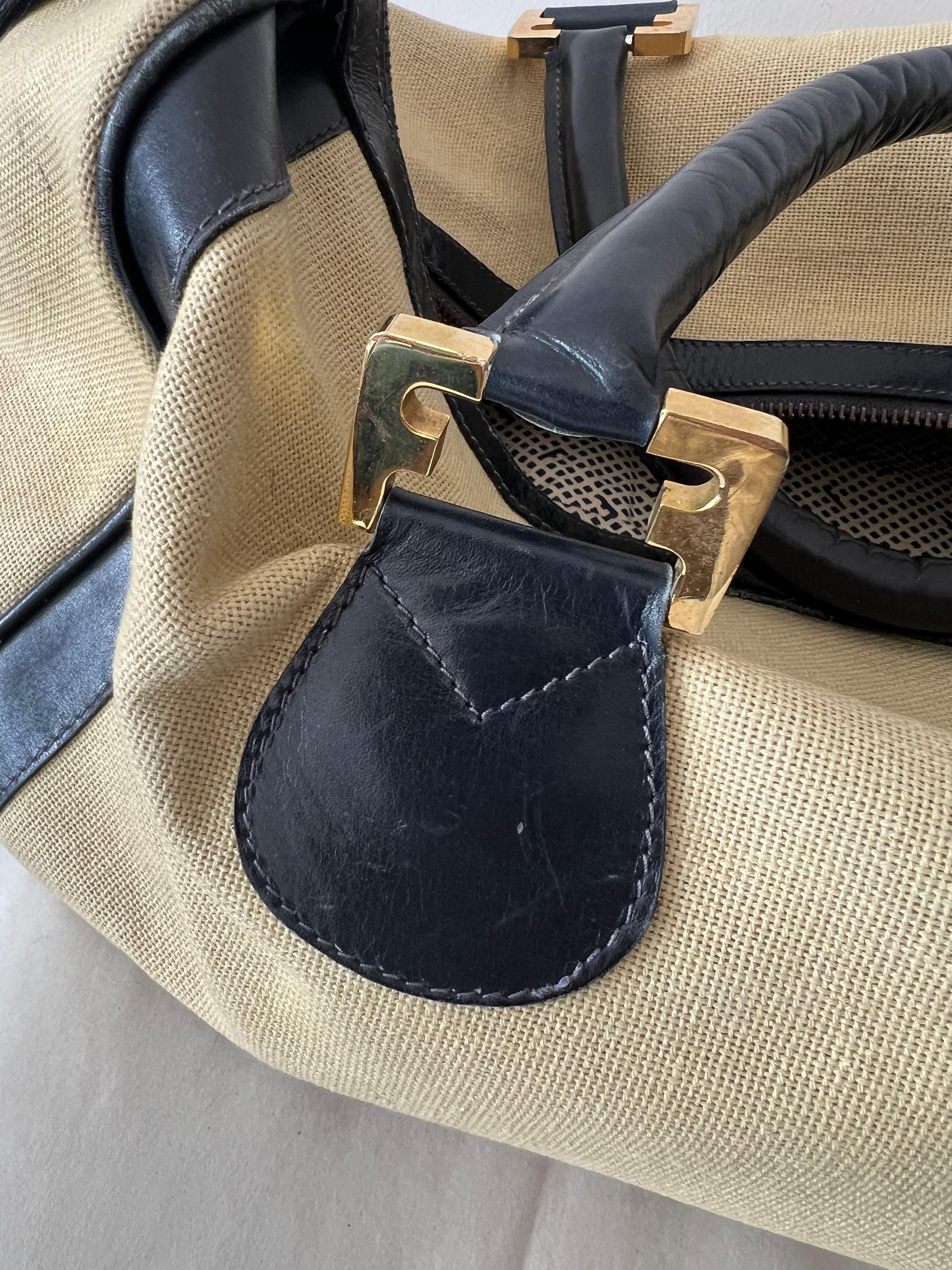 Stylish Ferragamo Leather/Canvas Bag With Brass Accents ca' 1980's For Sale 10