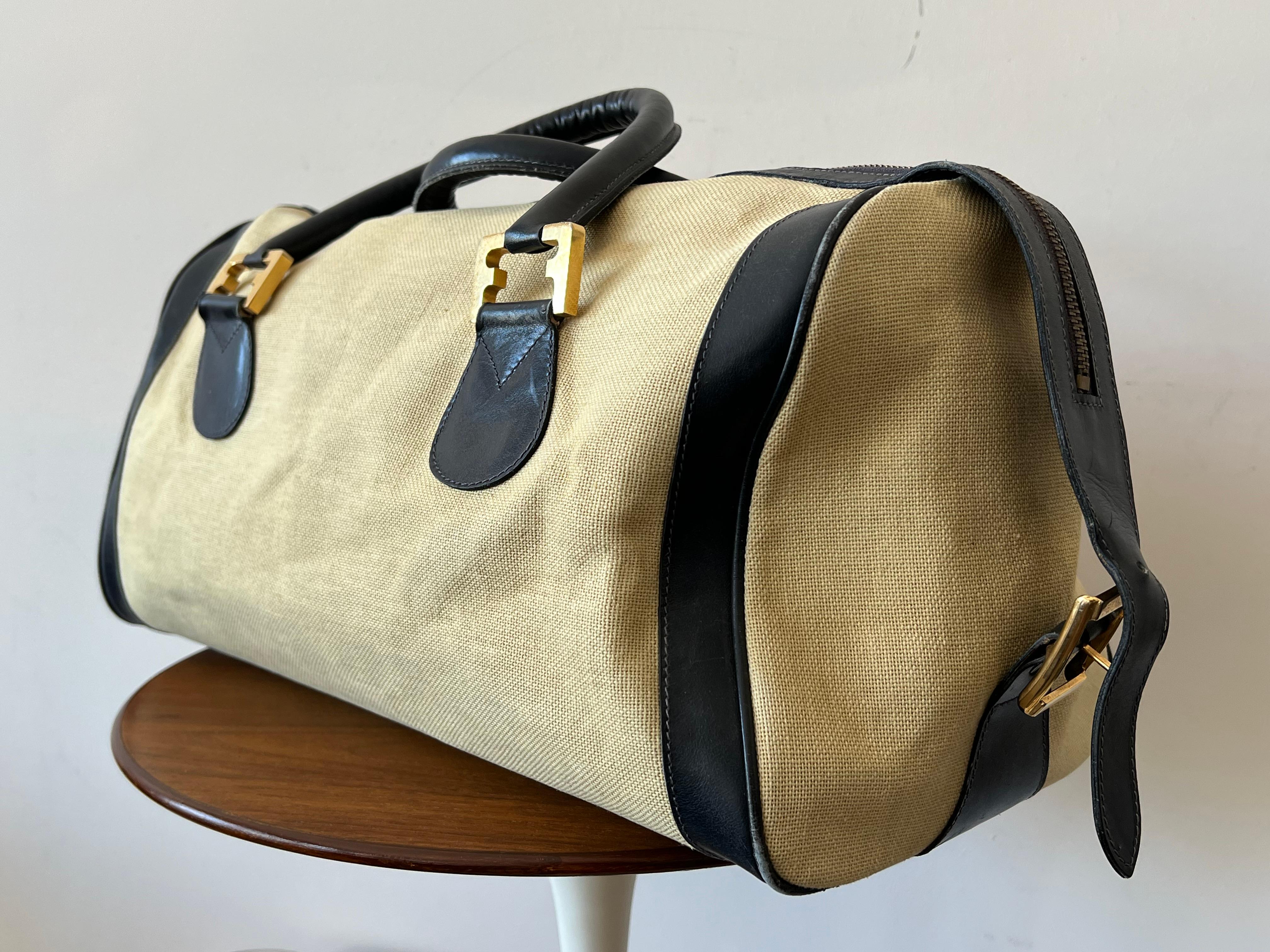 Modern Stylish Ferragamo Leather/Canvas Bag With Brass Accents ca' 1980's For Sale