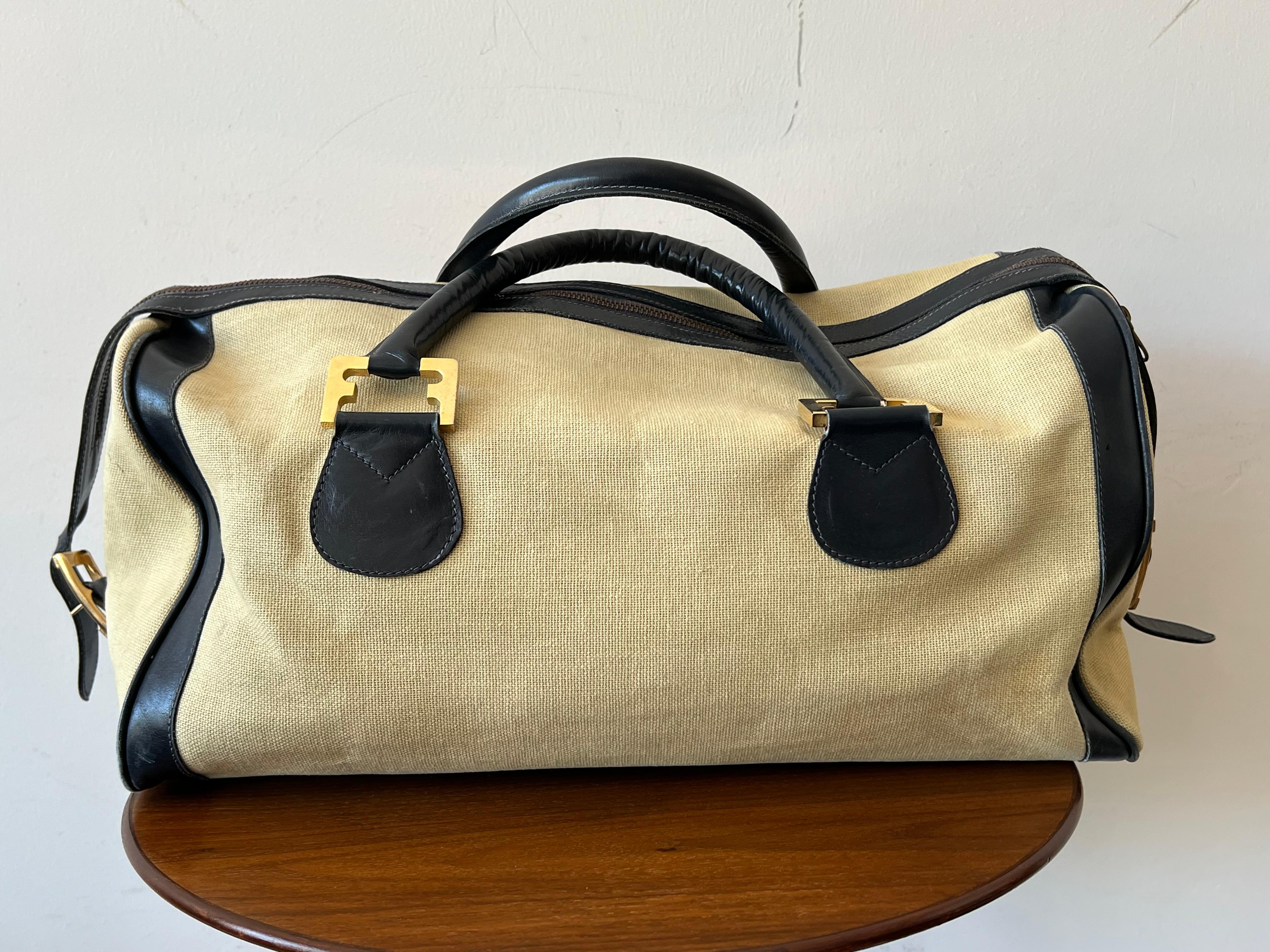 Italian Stylish Ferragamo Leather/Canvas Bag With Brass Accents ca' 1980's For Sale