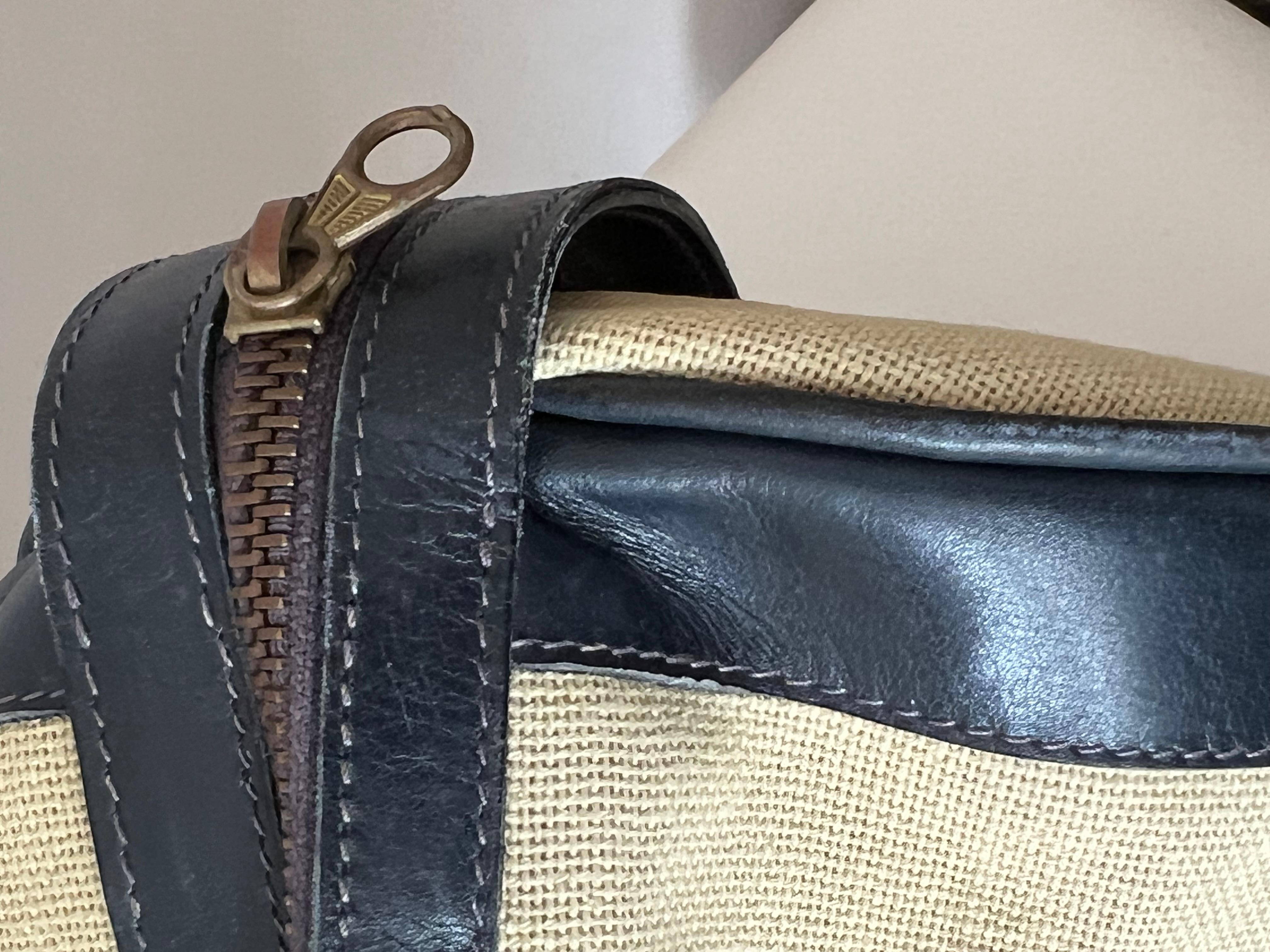 Late 20th Century Stylish Ferragamo Leather/Canvas Bag With Brass Accents ca' 1980's For Sale