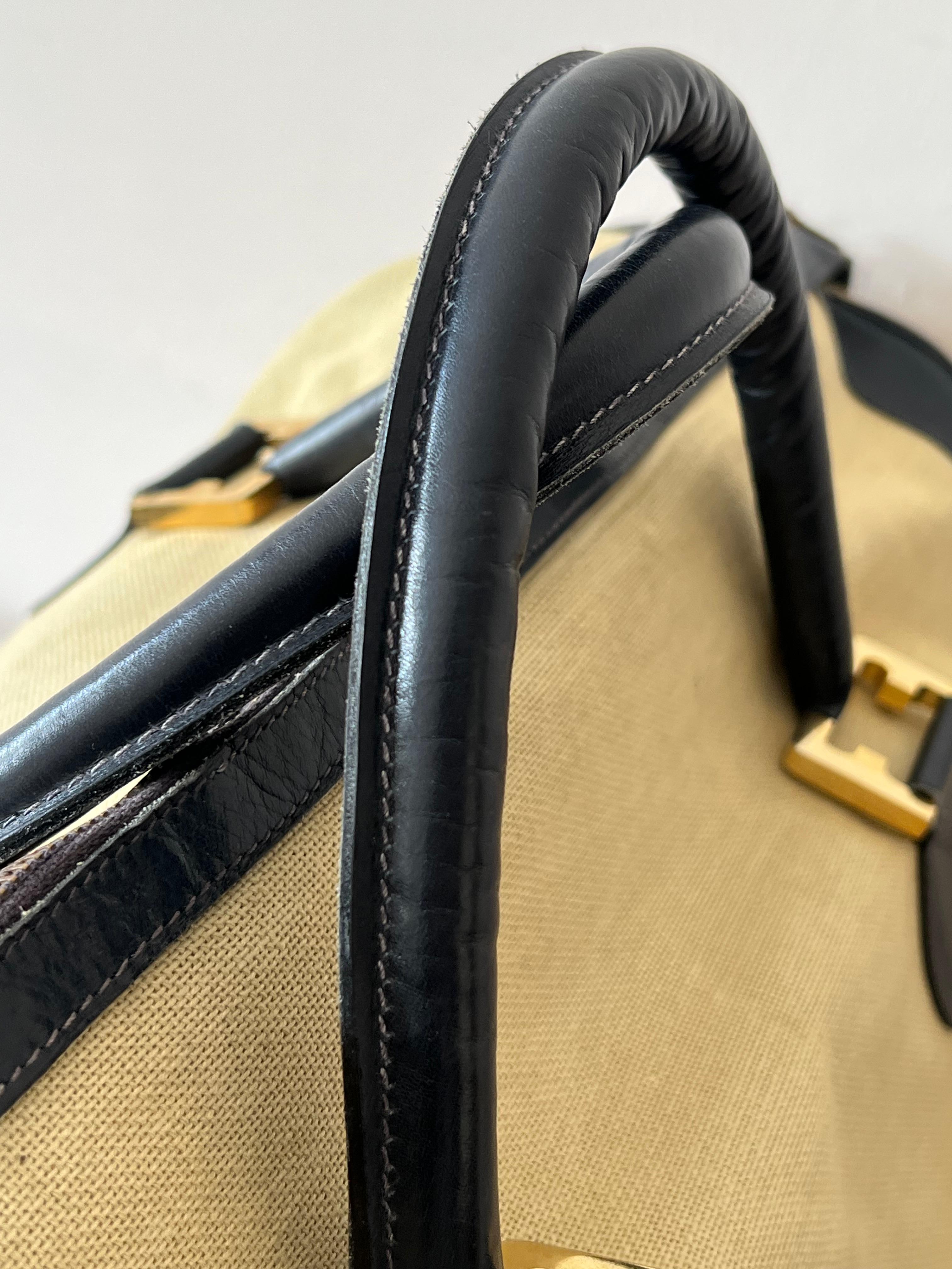 Stylish Ferragamo Leather/Canvas Bag With Brass Accents ca' 1980's For Sale 2
