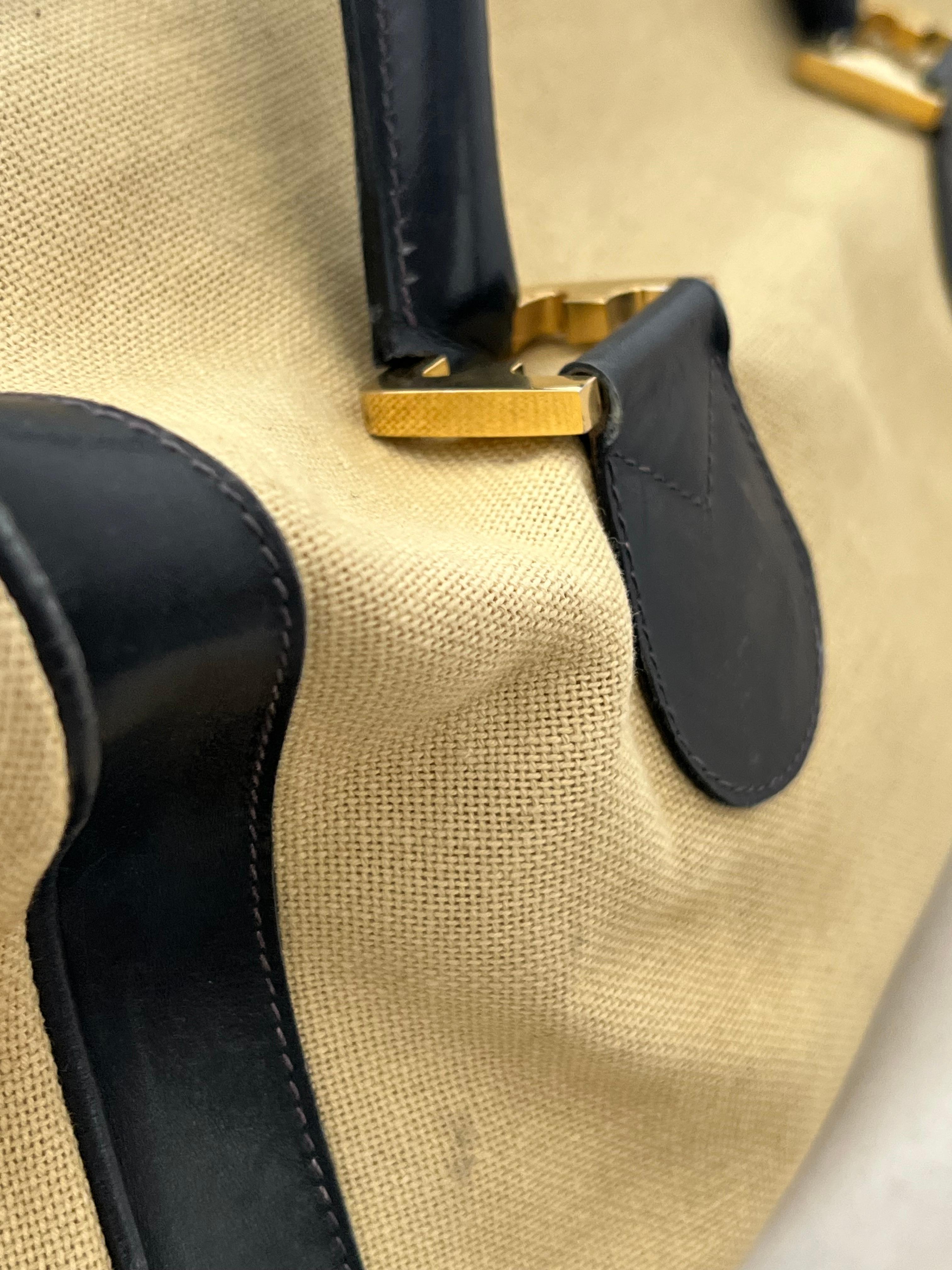 Stylish Ferragamo Leather/Canvas Bag With Brass Accents ca' 1980's For Sale 3