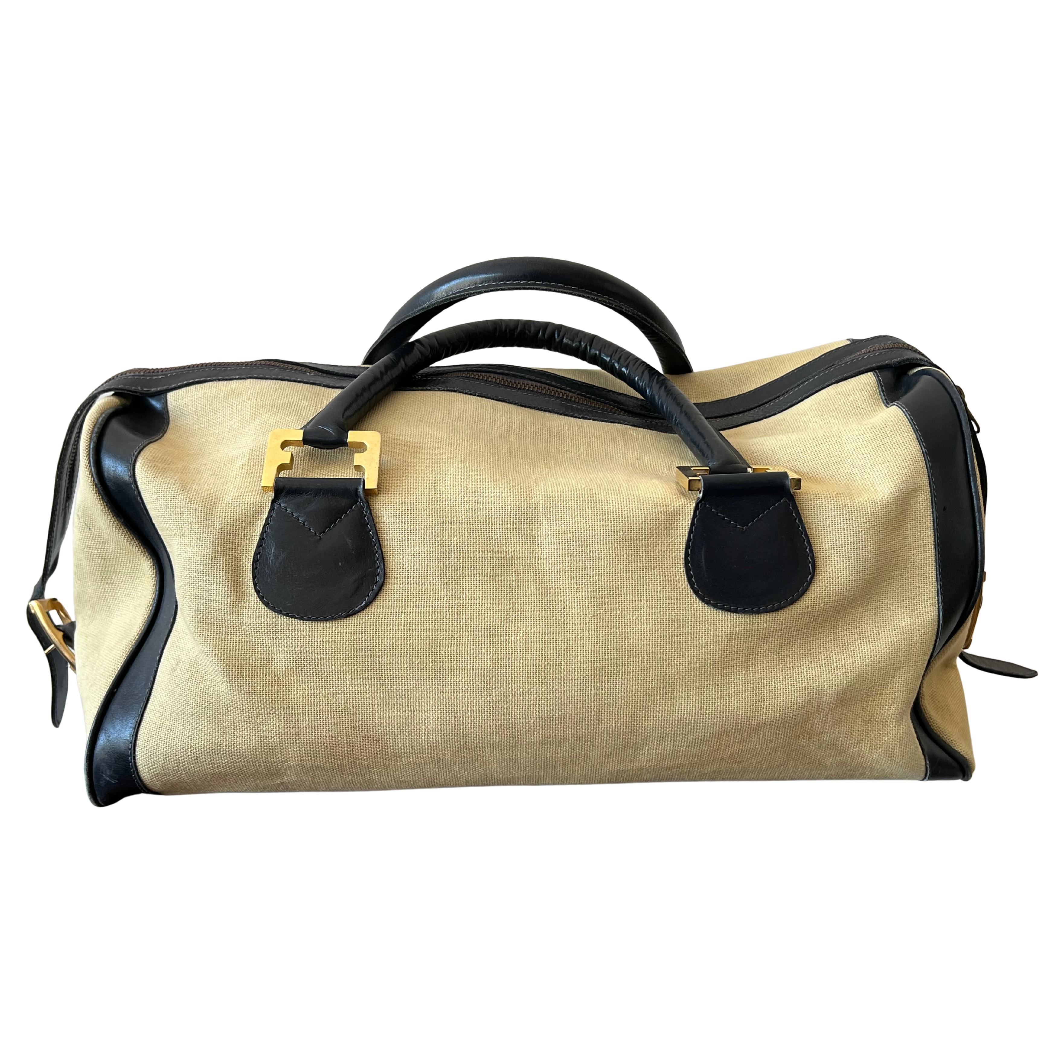 Stylish Ferragamo Leather/Canvas Bag With Brass Accents ca' 1980's For Sale