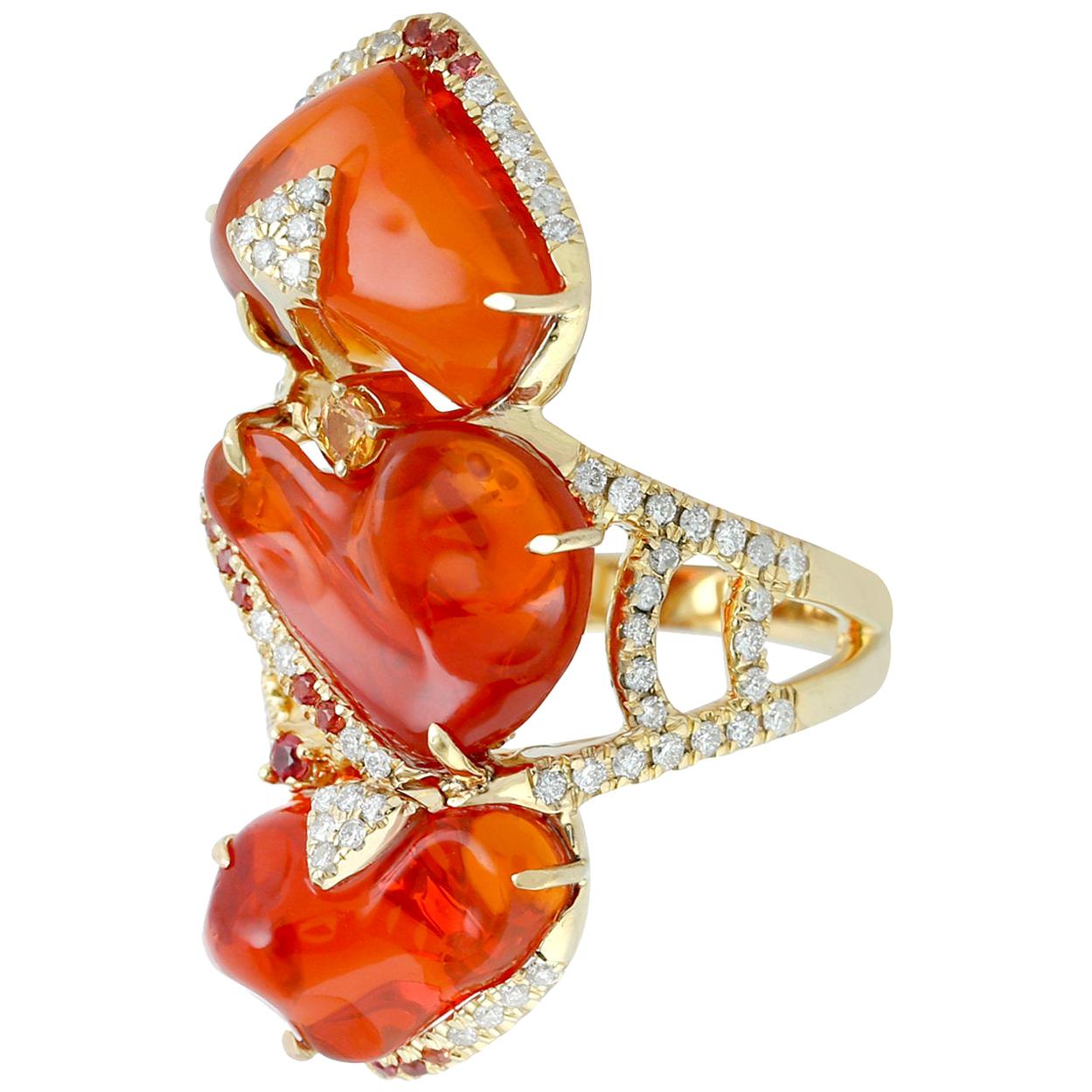Stylish Fire Opal Ring with Diamonds and Sapphire Set in 18 Karat Gold For Sale
