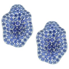 Stylish Floral Blue Sapphire Earrings, 18 Karat White Gold Part of Jewelry Set