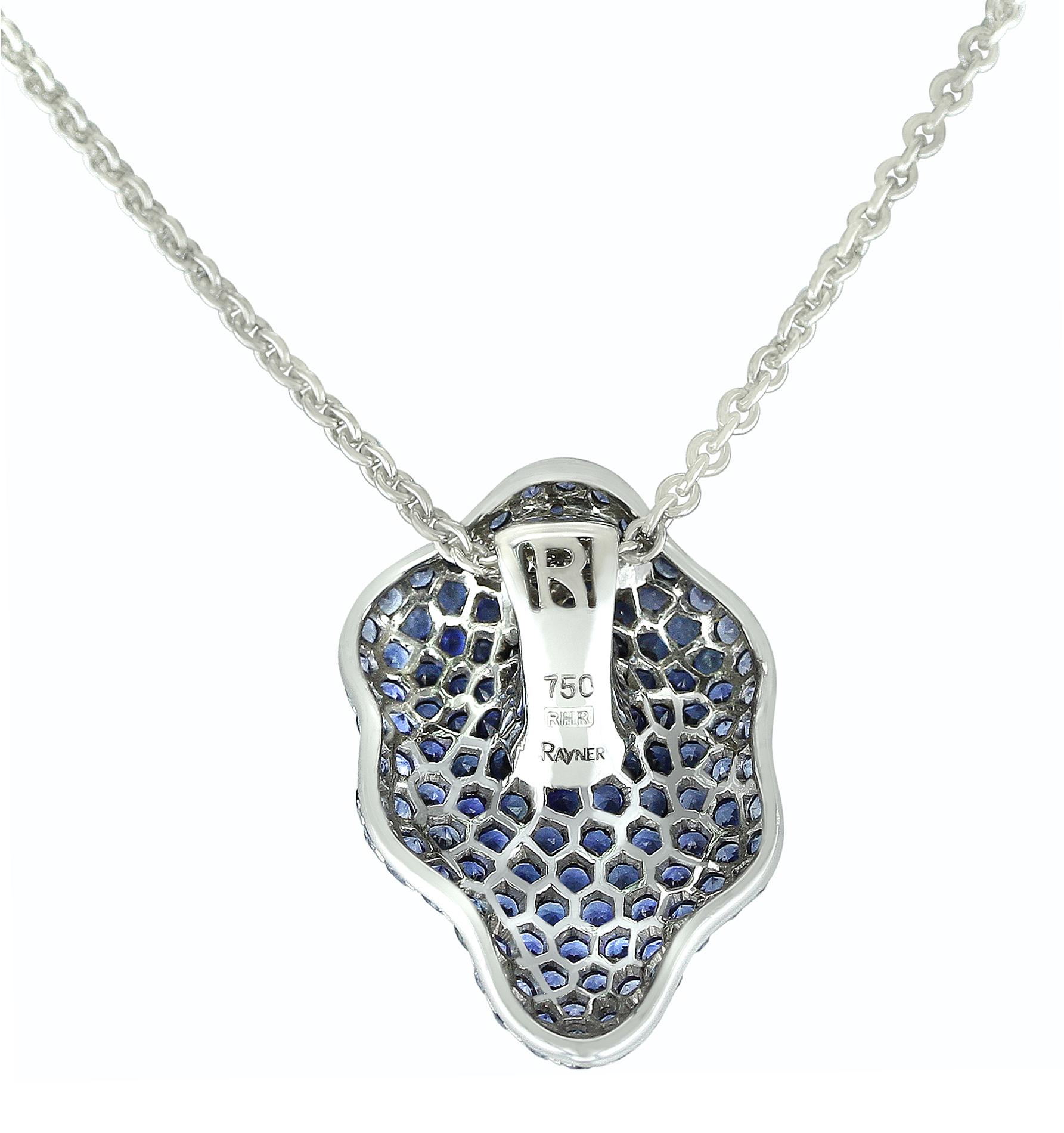 Women's or Men's Stylish Floral Blue Sapphire Pendant, 18 Karat White Gold Part of Jewelry Set