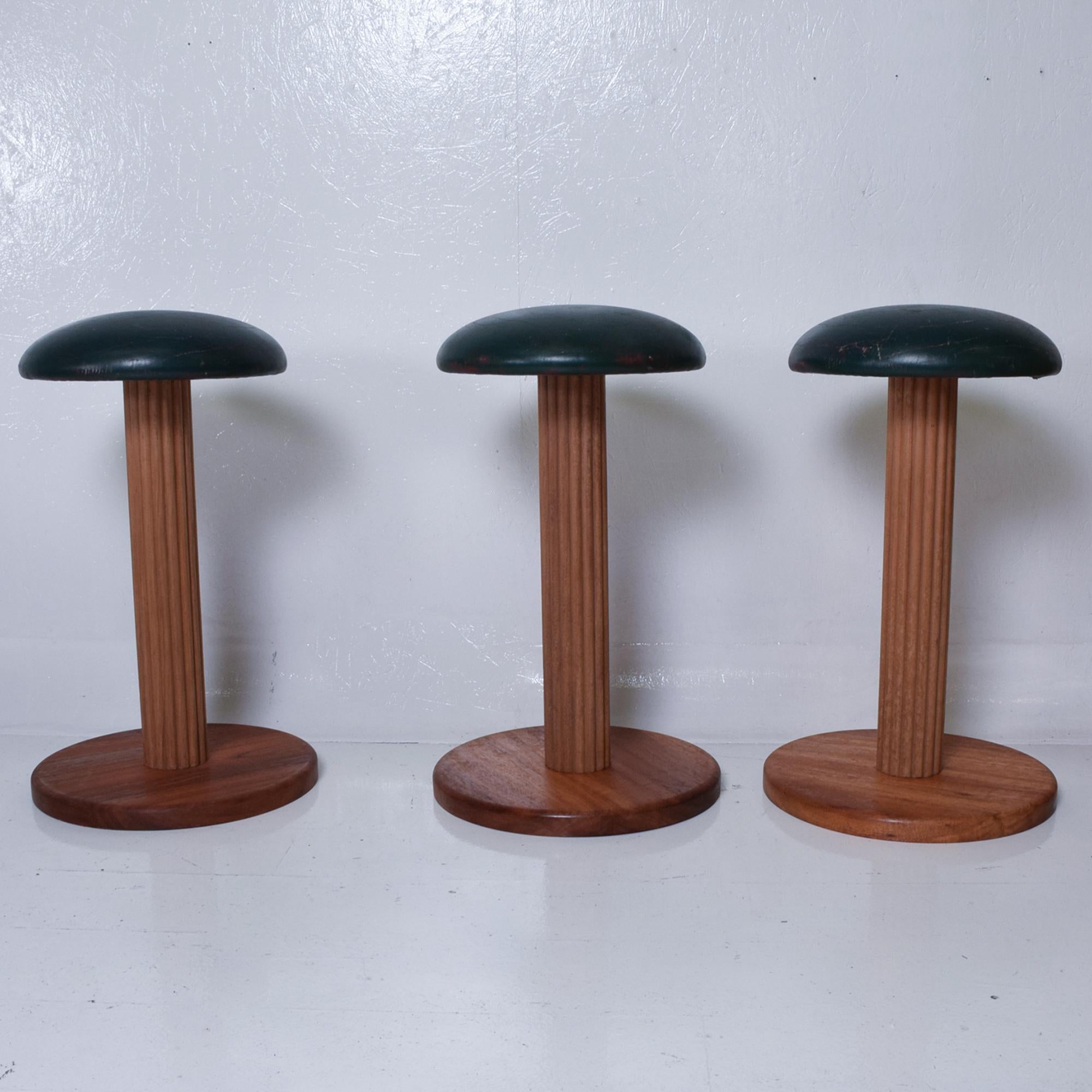 AMBIANIC presents:
Stylish French Art Deco Bar Stools Wood and Leather Set of 3 three.
Very good quality with Solid Wood and Distressed Leather.
Unknown maker.  France, circa 1950s. In the manner of Jean Prouve.
Dimensions: 32 height x 18 in