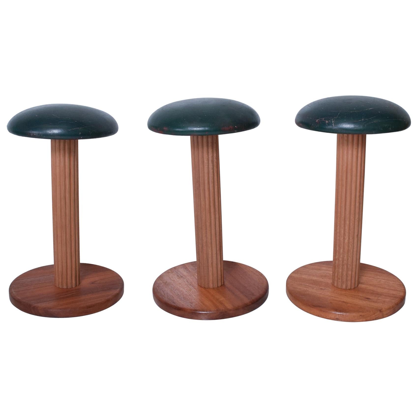  French Art Deco Distressed Leather Wood Bar Stools (3)  from France 1950s