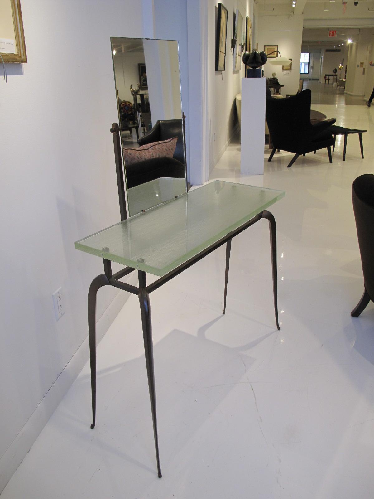 Stylish Art Deco vanity attributed to Rene Drouet, fitted with original St Gobin glass top.