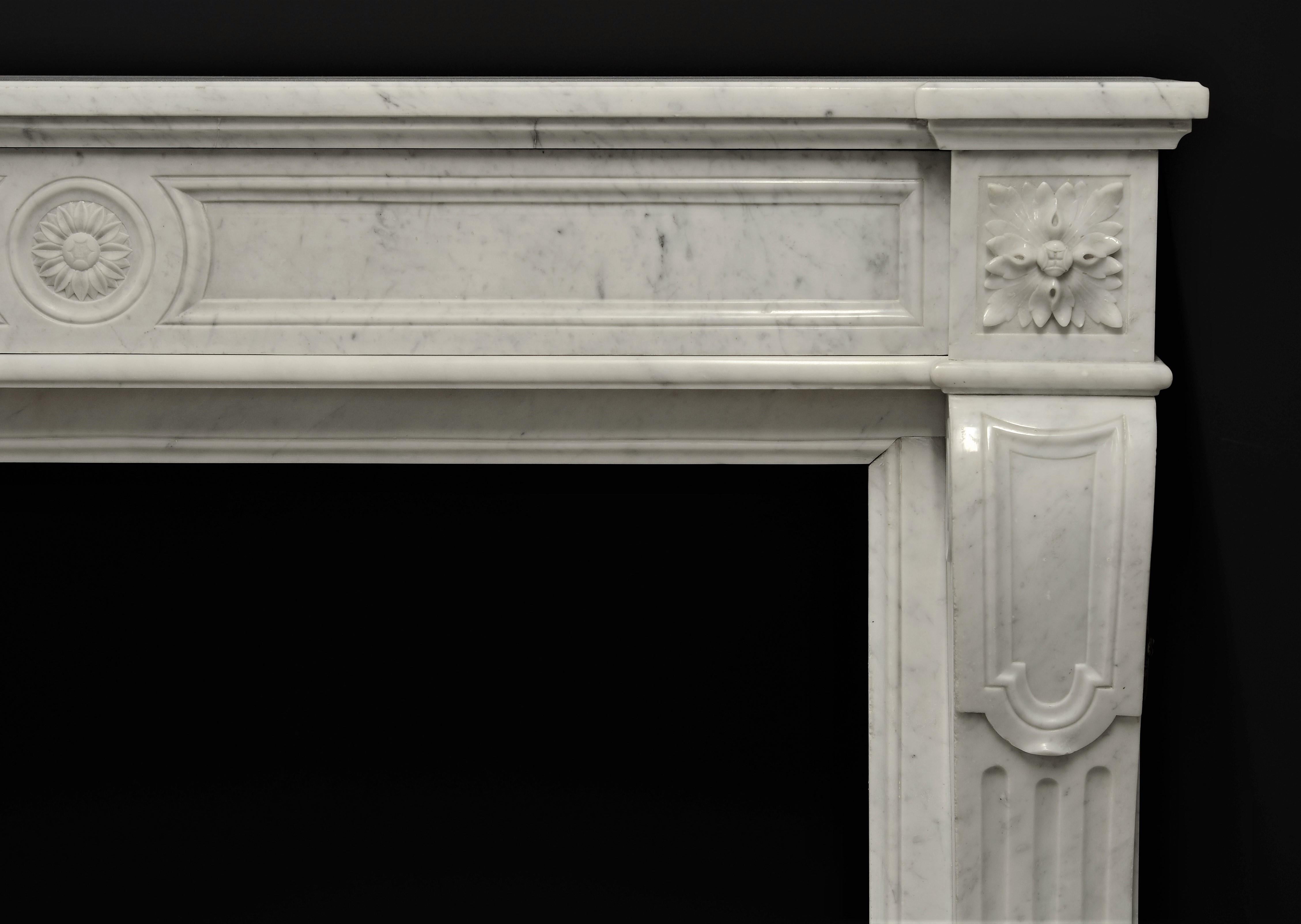19th Century Stylish French Louis XVI Fireplace in Carrara White Marble