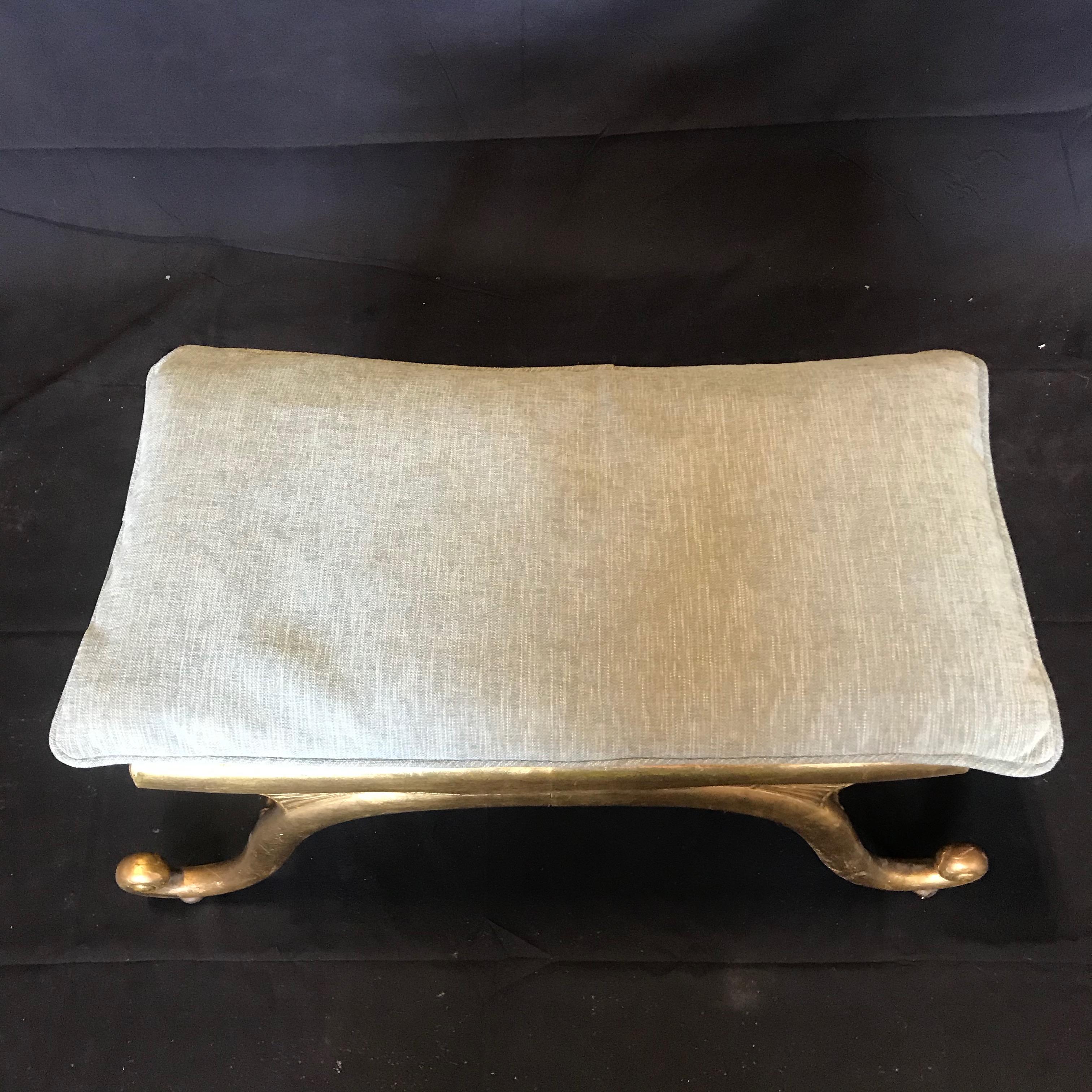 Stunning French neoclassical bench with all early original gold gilt paint. Original cushion newly slipcovered.
H to bench 16.5 without cushion
 #5202.