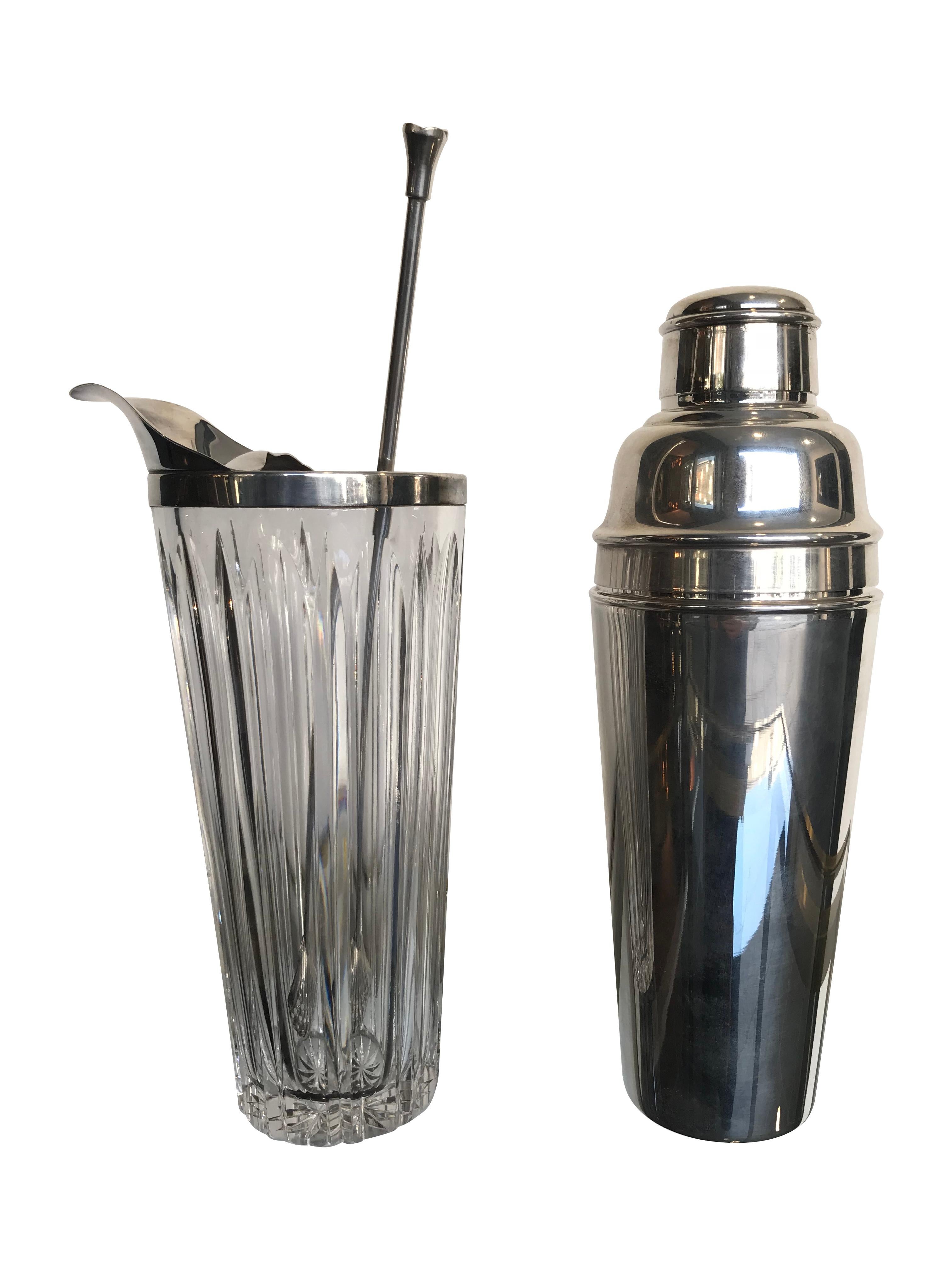 A stylish French crystal cocktail mixing jug, with Alpacca silver rim, pourer and strainer. Stamped on the rim 