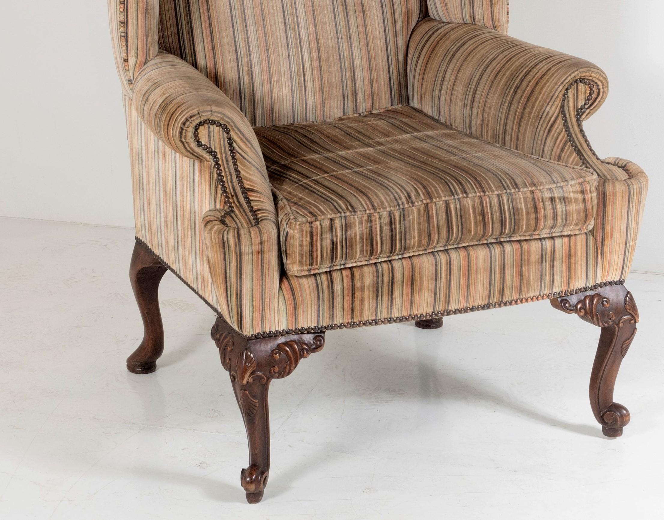 Stylish George III Style Wing Back Armchair in Original Striped Upholstery For Sale 6