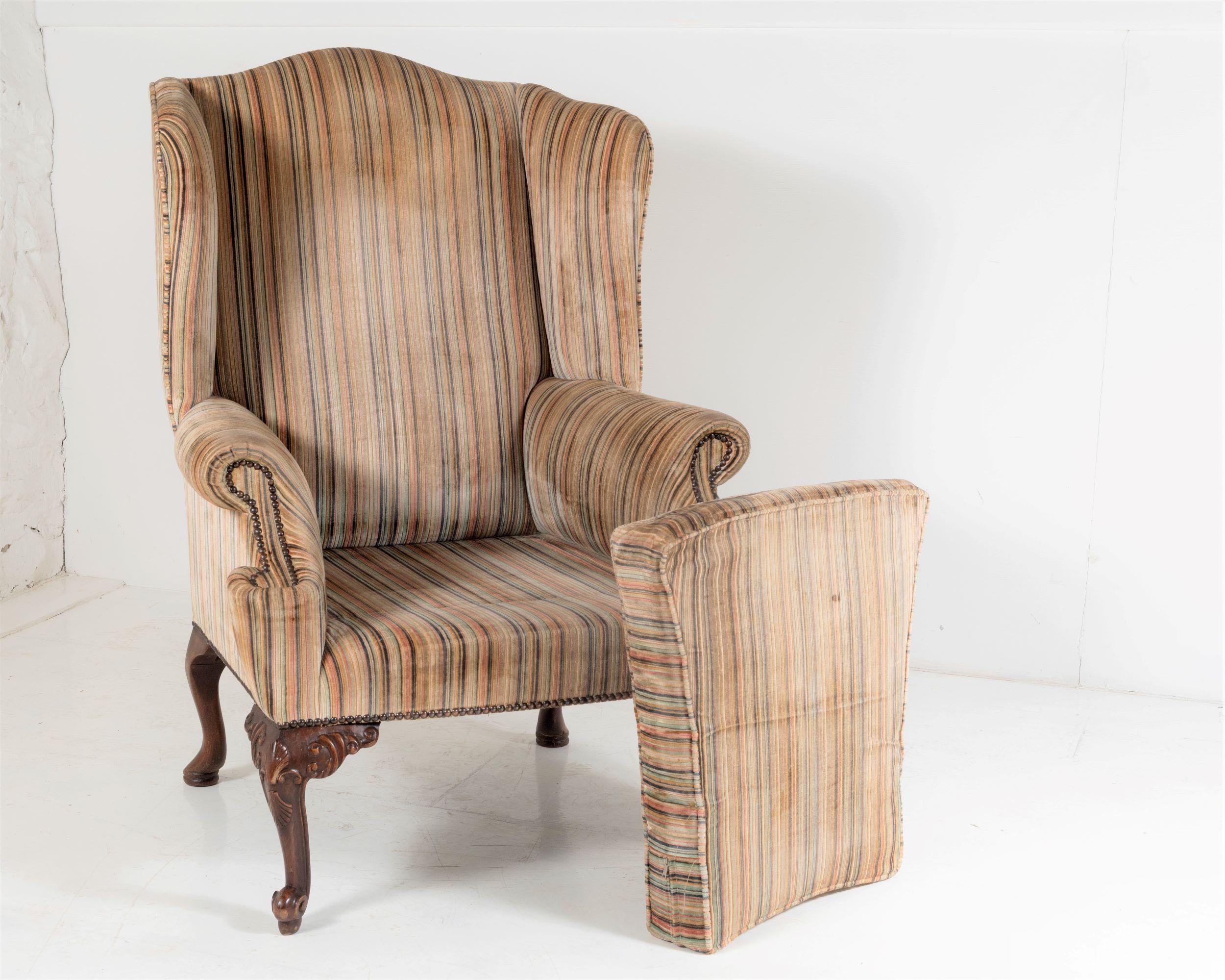 Stylish George III Style Wing Back Armchair in Original Striped Upholstery For Sale 7
