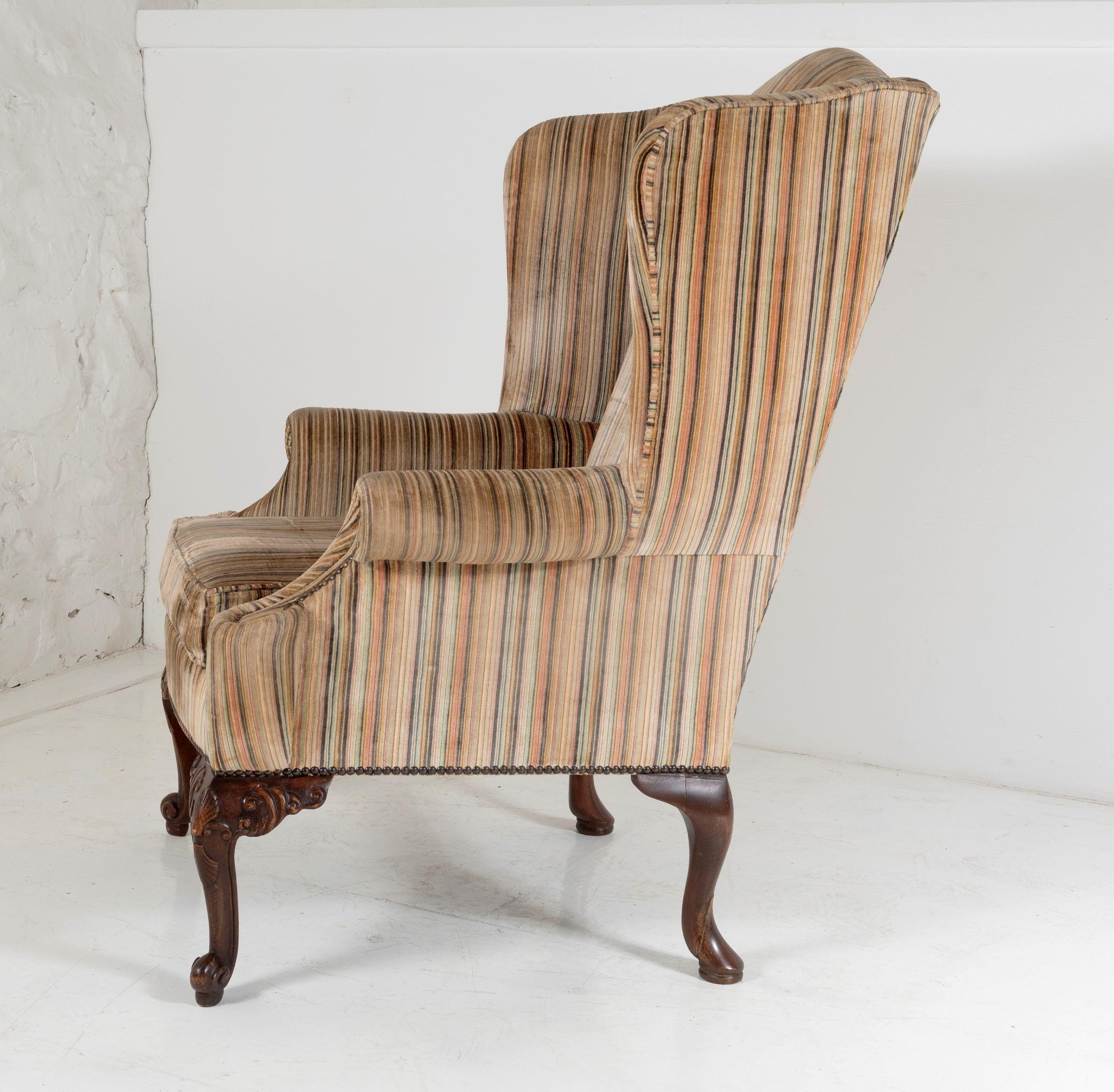 British Stylish George III Style Wing Back Armchair in Original Striped Upholstery For Sale