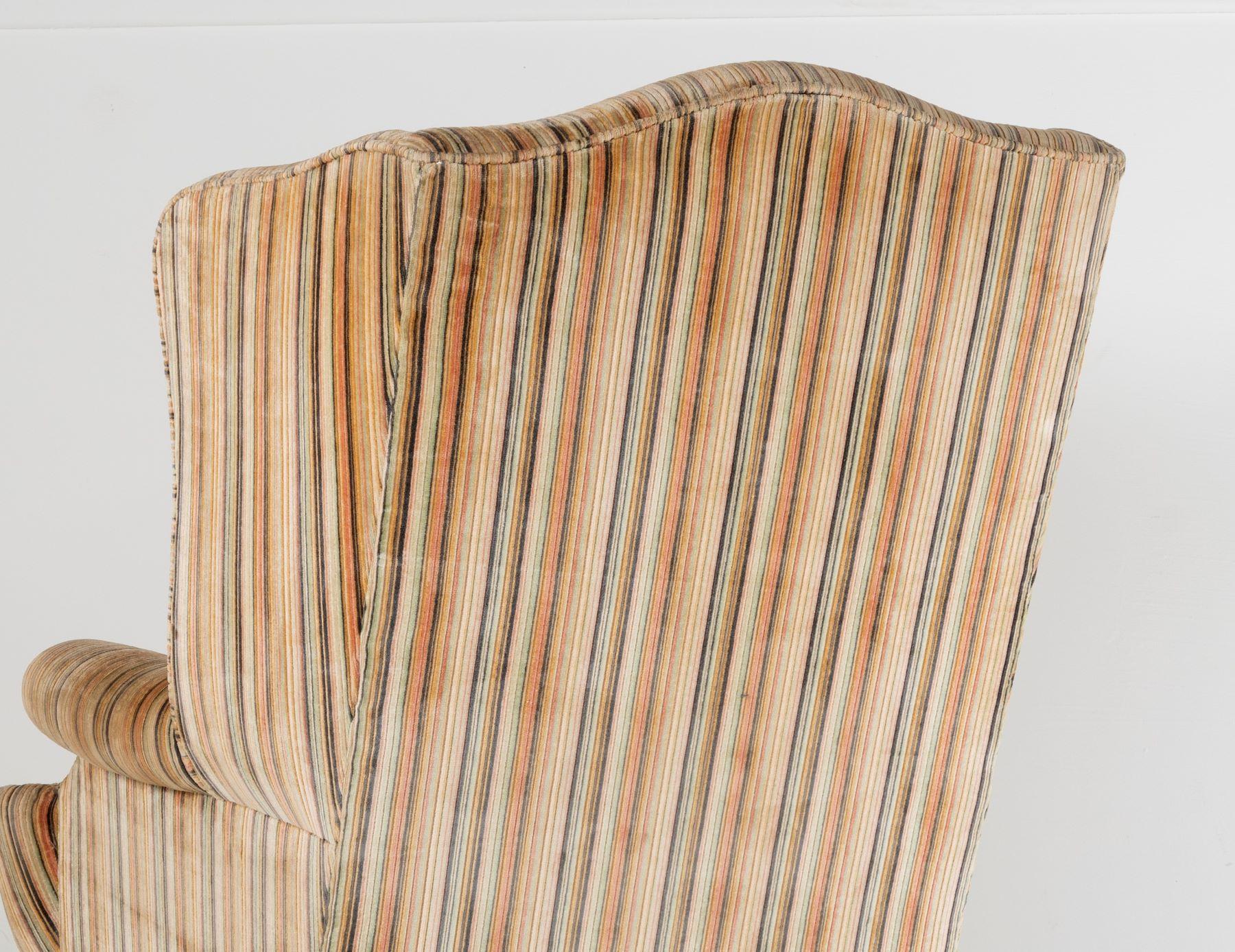 Stylish George III Style Wing Back Armchair in Original Striped Upholstery For Sale 2