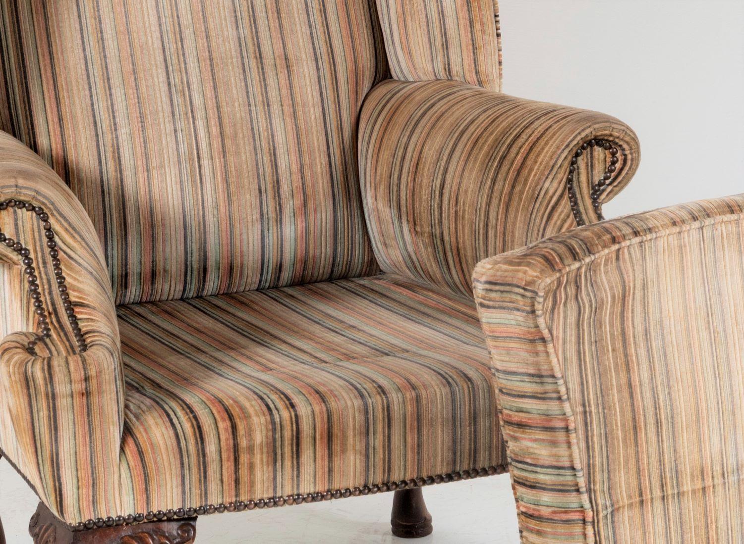 Stylish George III Style Wing Back Armchair in Original Striped Upholstery For Sale 4