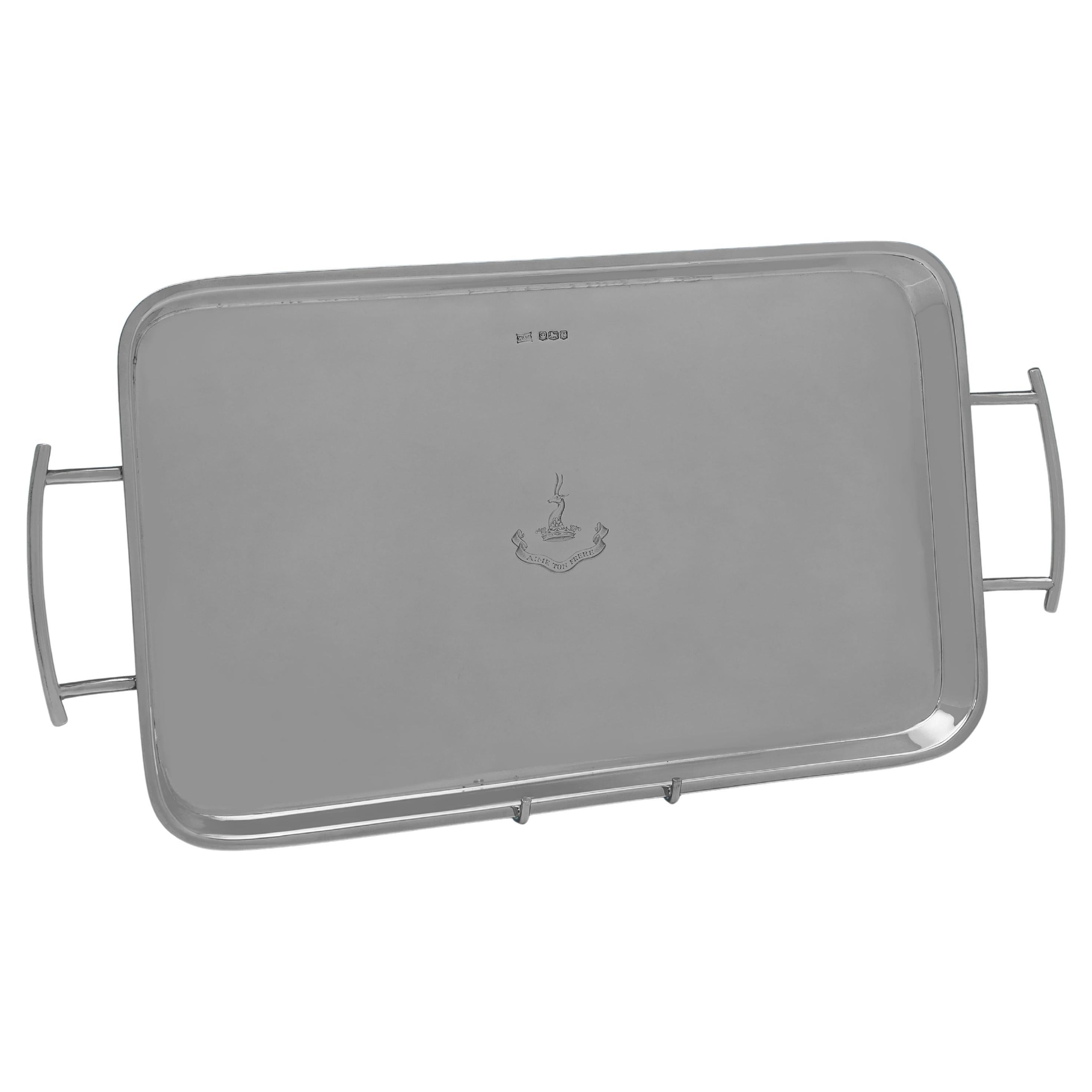 Stylish George V Sterling Silver Armorial Bar Tray by Walker 
Hall, 1920 For Sale