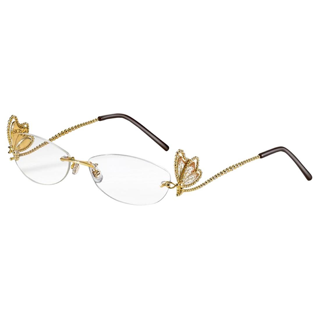 Stylish Glasses Yellow Gold White Diamonds Hand Decorated with MicroMosaic For Sale