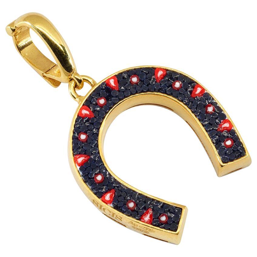 Stylish Good Luck Pendant Yellow Gold Hand Decorated with Micro Mosaic