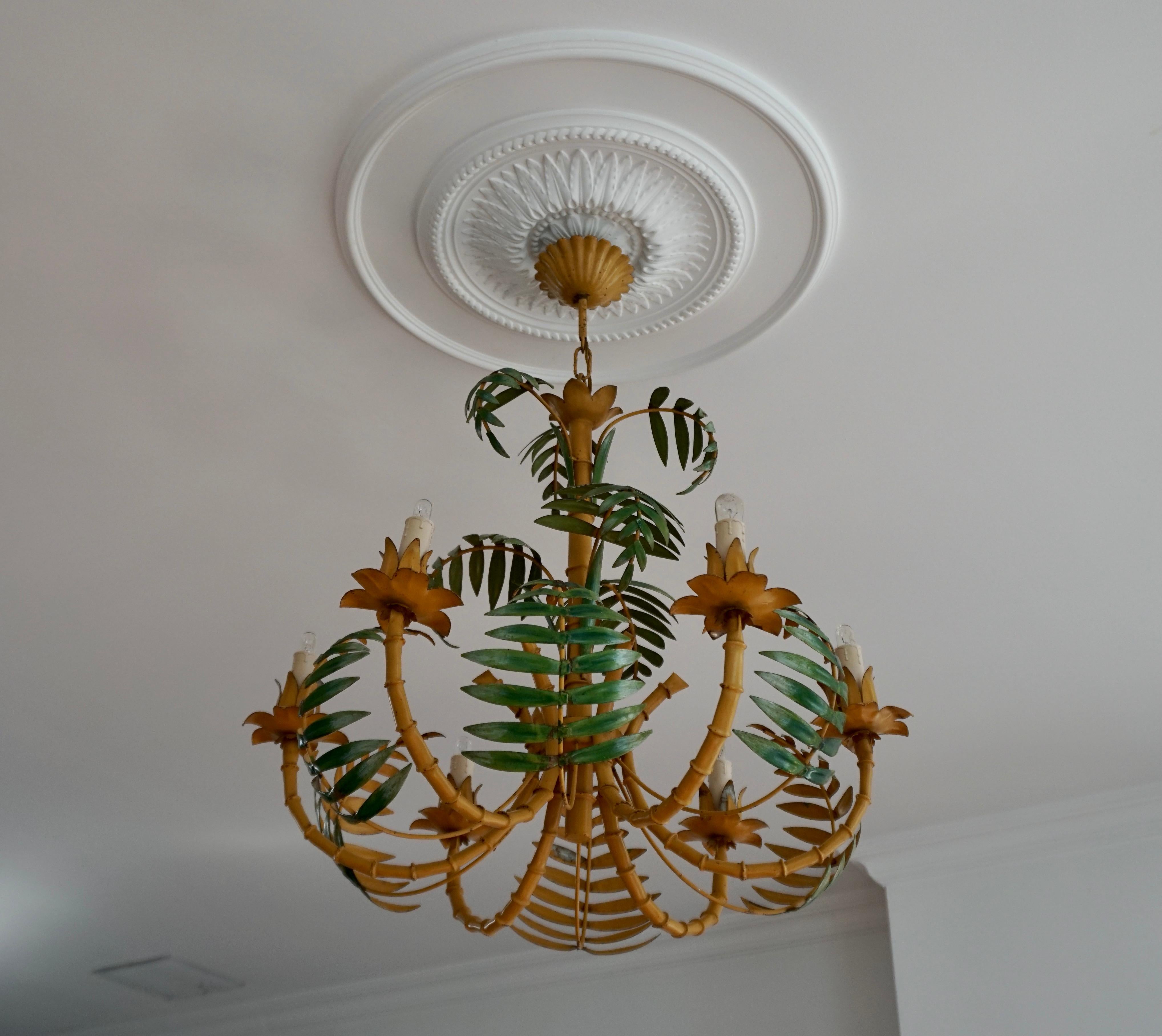 Italian Stylish Hollywood Regency Tole and Faux Bamboo Chandelier Pendant