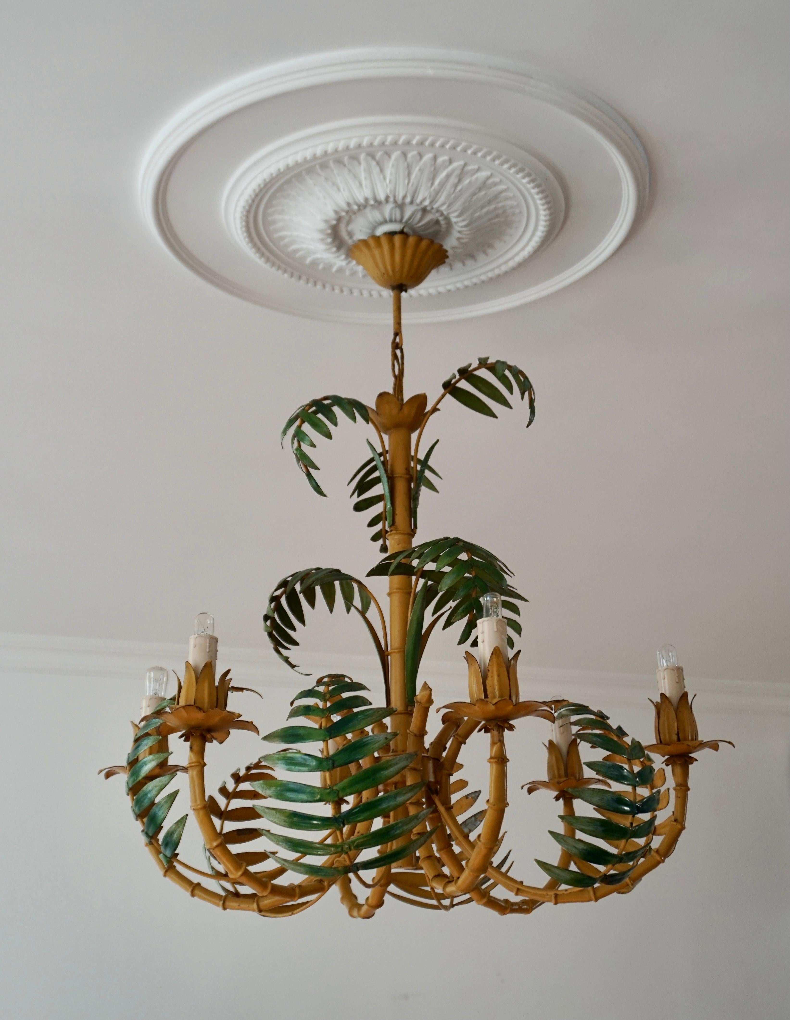 Painted Stylish Hollywood Regency Tole and Faux Bamboo Chandelier Pendant
