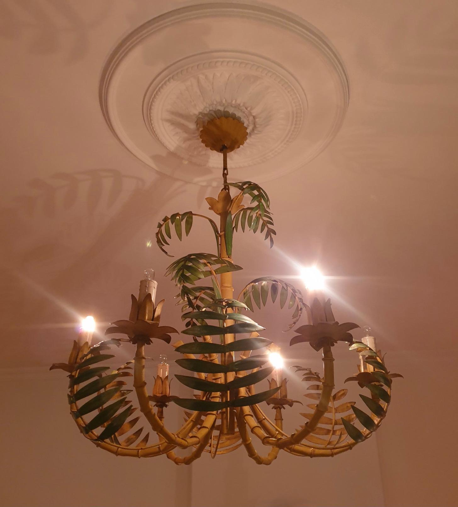 Stylish Hollywood Regency Tole and Faux Bamboo Chandelier Pendant 2