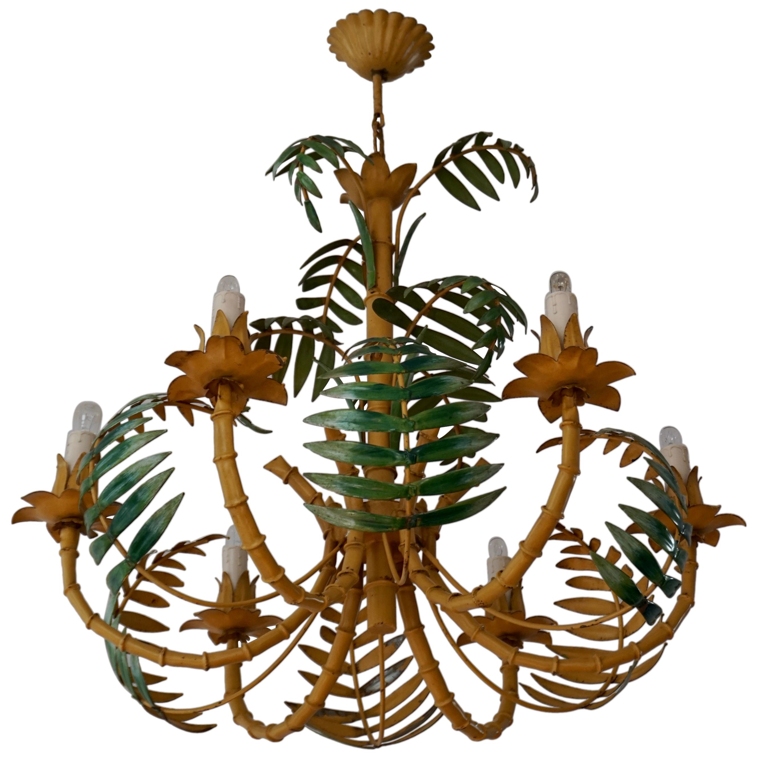 Stylish Hollywood Regency Tole and Faux Bamboo Chandelier Pendant