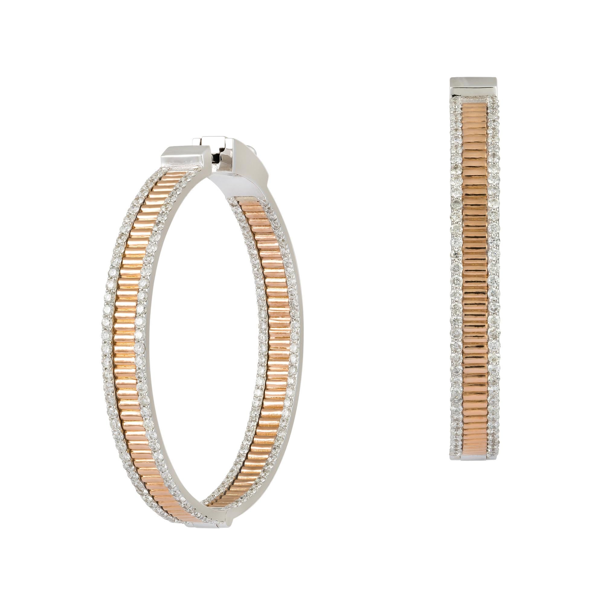 Modern Stylish Hoop White Pink Gold 18K Earrings  Diamond For Her For Sale