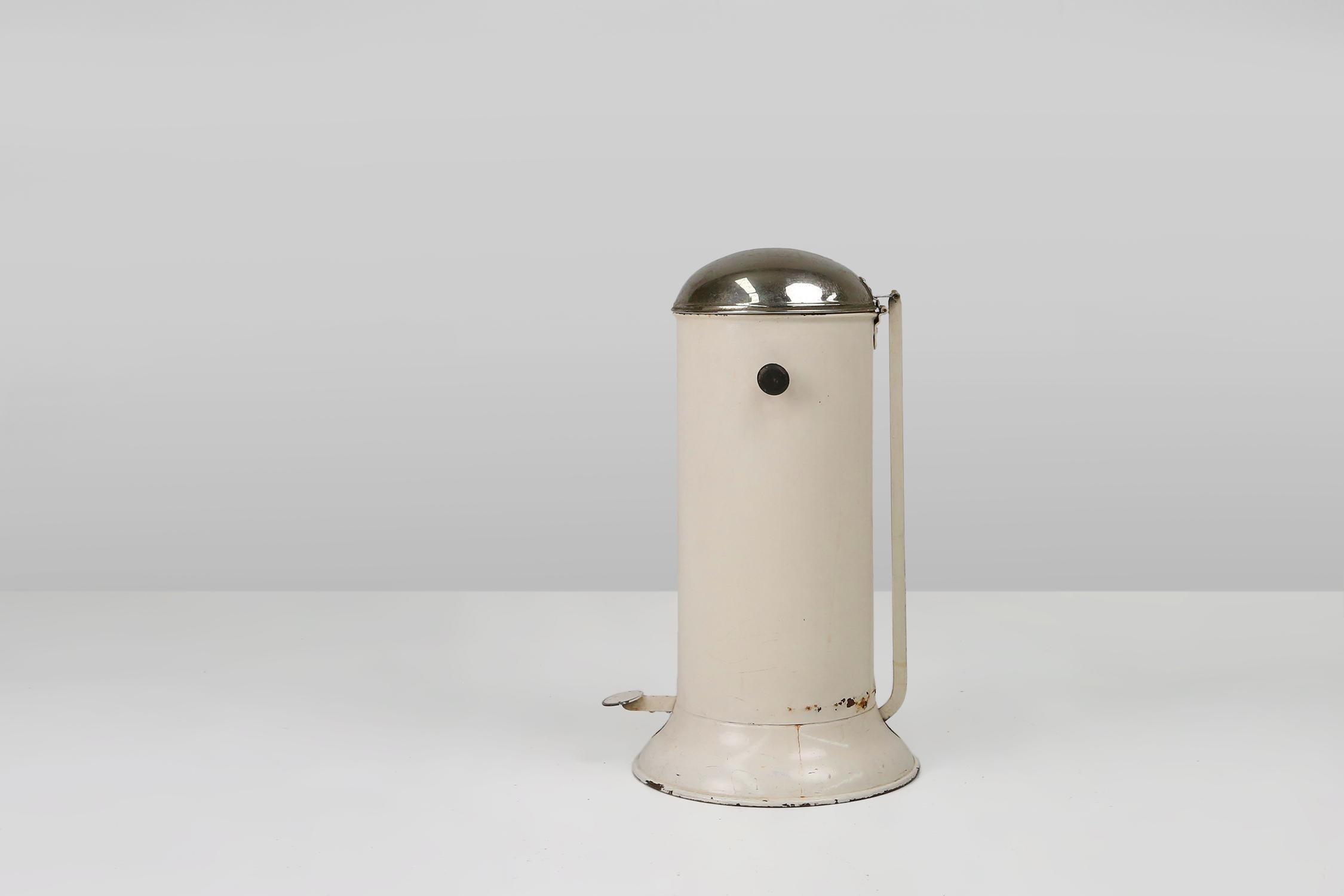 Industrial Stylish industrial off white metal garbage can, Belgium 1950s