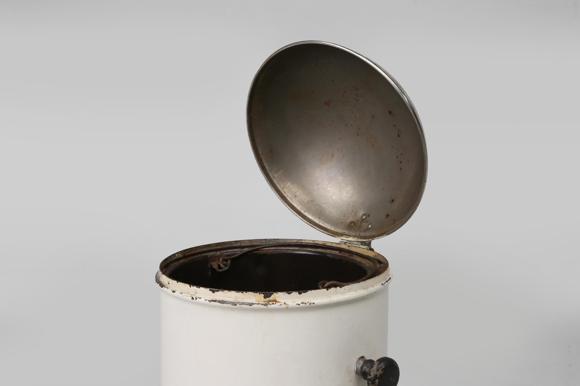 Painted Stylish industrial off white metal garbage can, Belgium 1950s