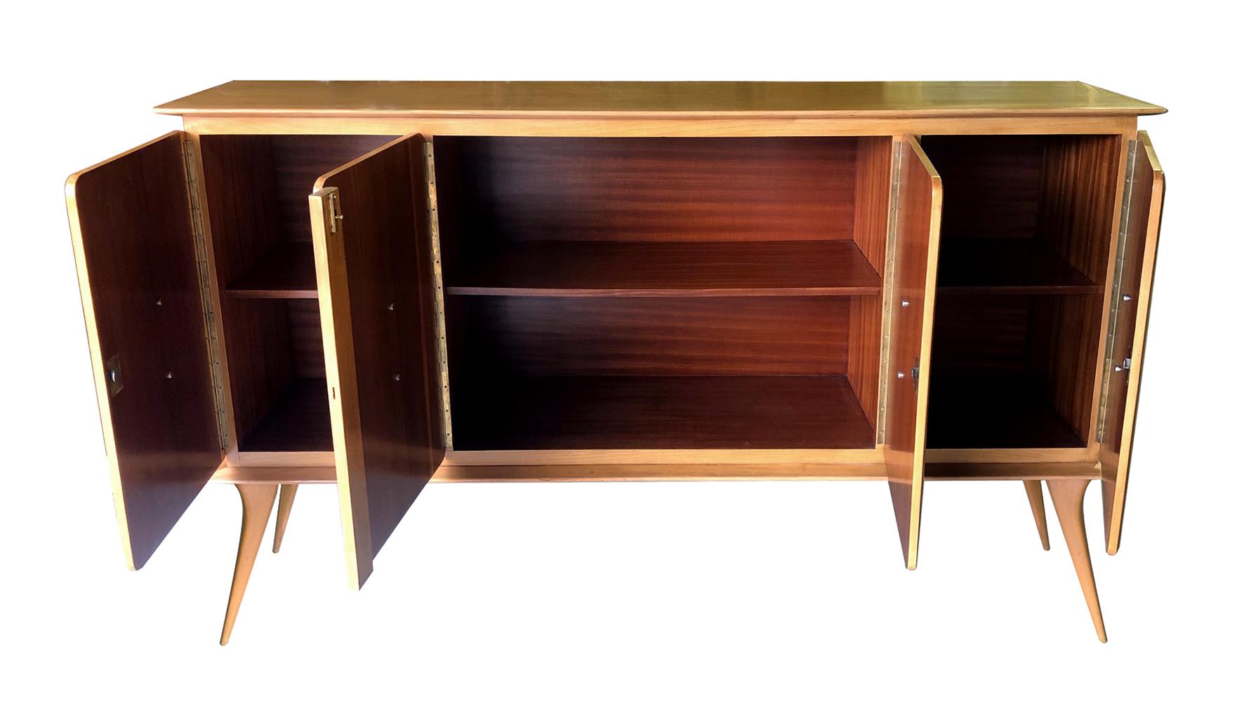 Machine-Made Stylish Italian Midcentury 4-Door Sycamore Credenza in the Style of Ico Parisi For Sale