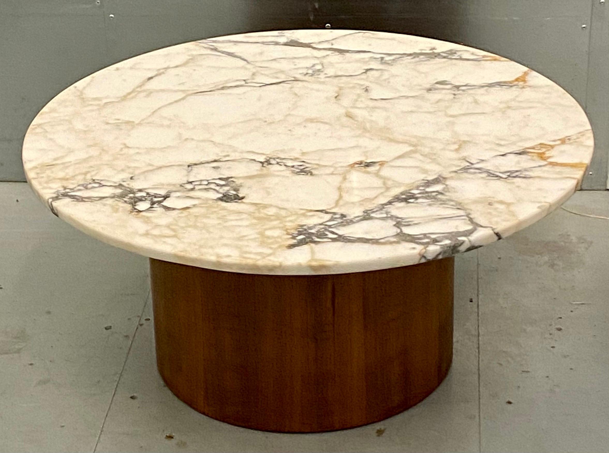 Stylish Italian Mid-Century Modern Teak & Marble Top Round Coffee Table 1