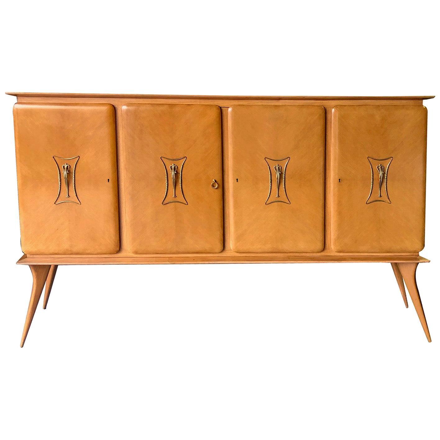 Stylish Italian Midcentury 4-Door Sycamore Credenza in the Style of Ico Parisi For Sale