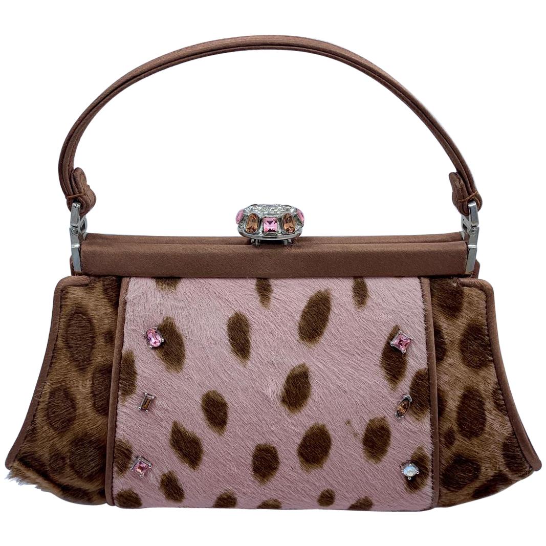 Stylish Judith Leiber Leopard  Pony Hair Evening Bag With Fancy Jeweled Accents