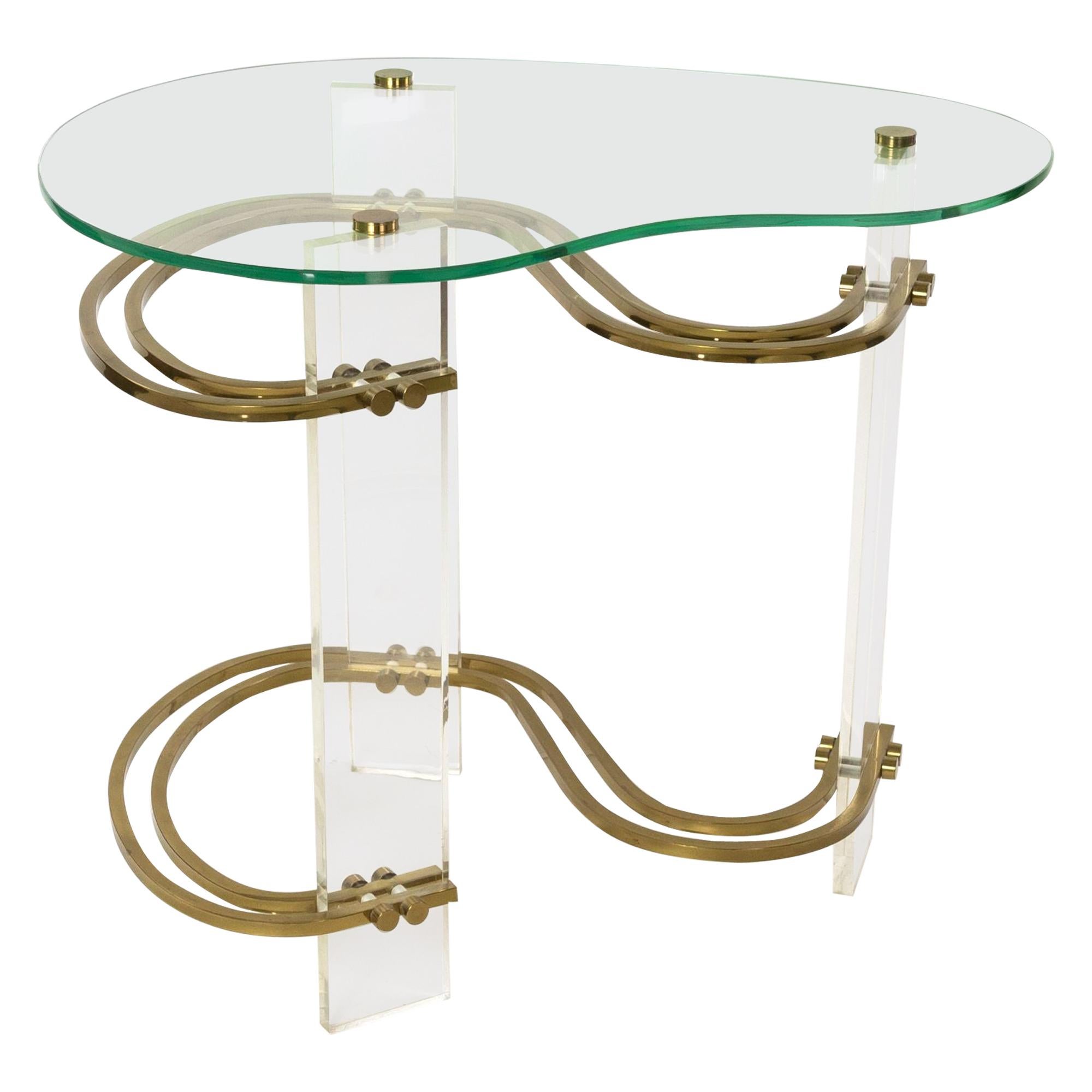 Stylish Kidney-Shaped Glass and Lucite Side Table with Brass Stretchers