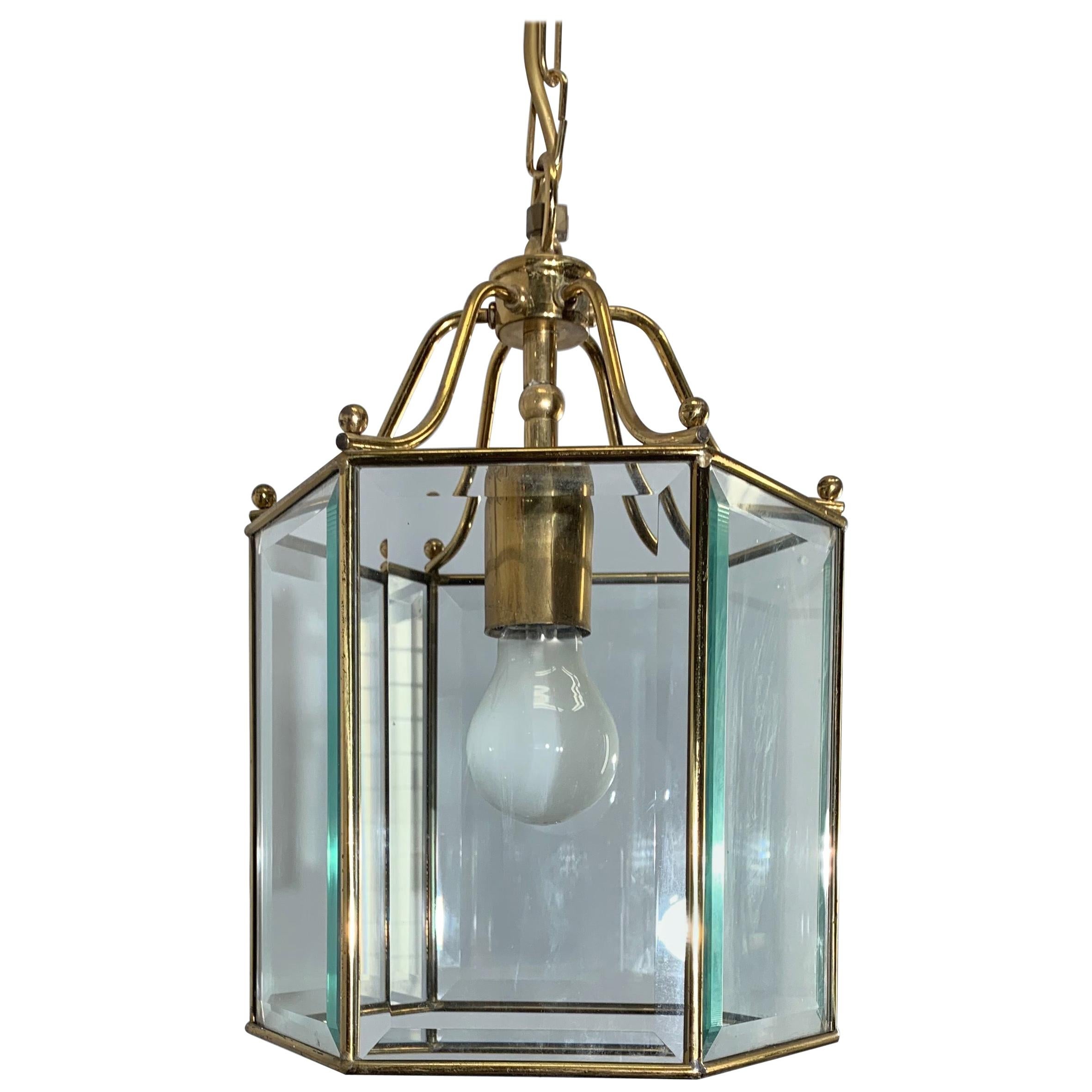 Stylish Late 20th Century Brass & Beveled Glass Hexagonal Pendant Light Fixture