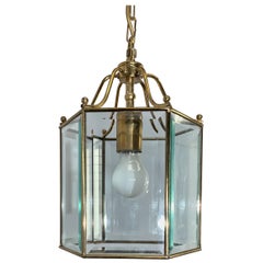 Antique Stylish Late 20th Century Brass & Beveled Glass Hexagonal Pendant Light Fixture