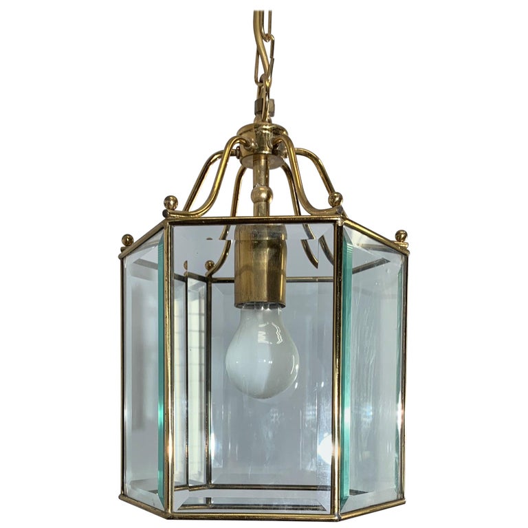 Stylish Late 20th Century Brass And, Beveled Glass Lantern Chandelier