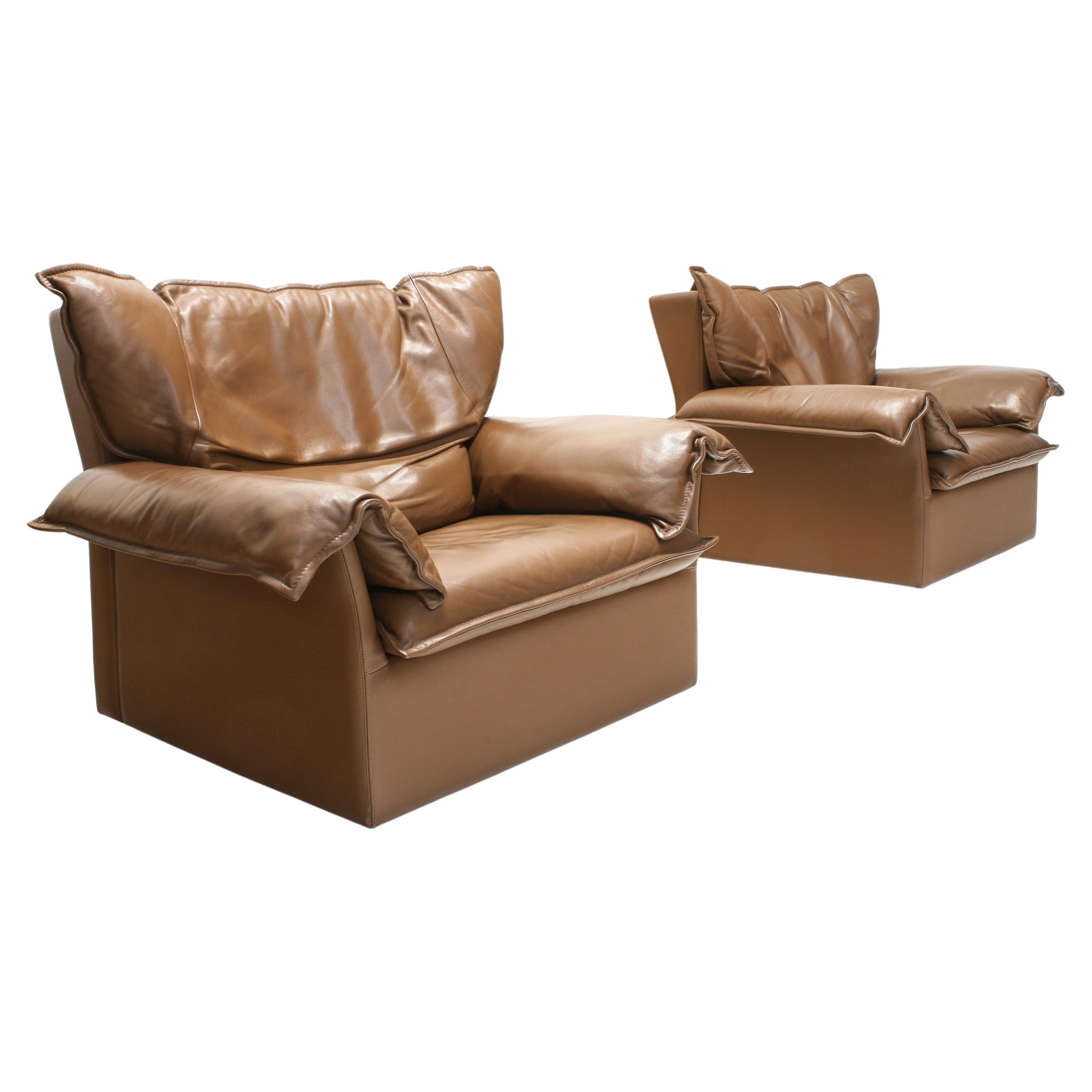 Stylish Leather Downfilled Wingback Armchairs by Durlet, 1970s, Set of 2 For Sale