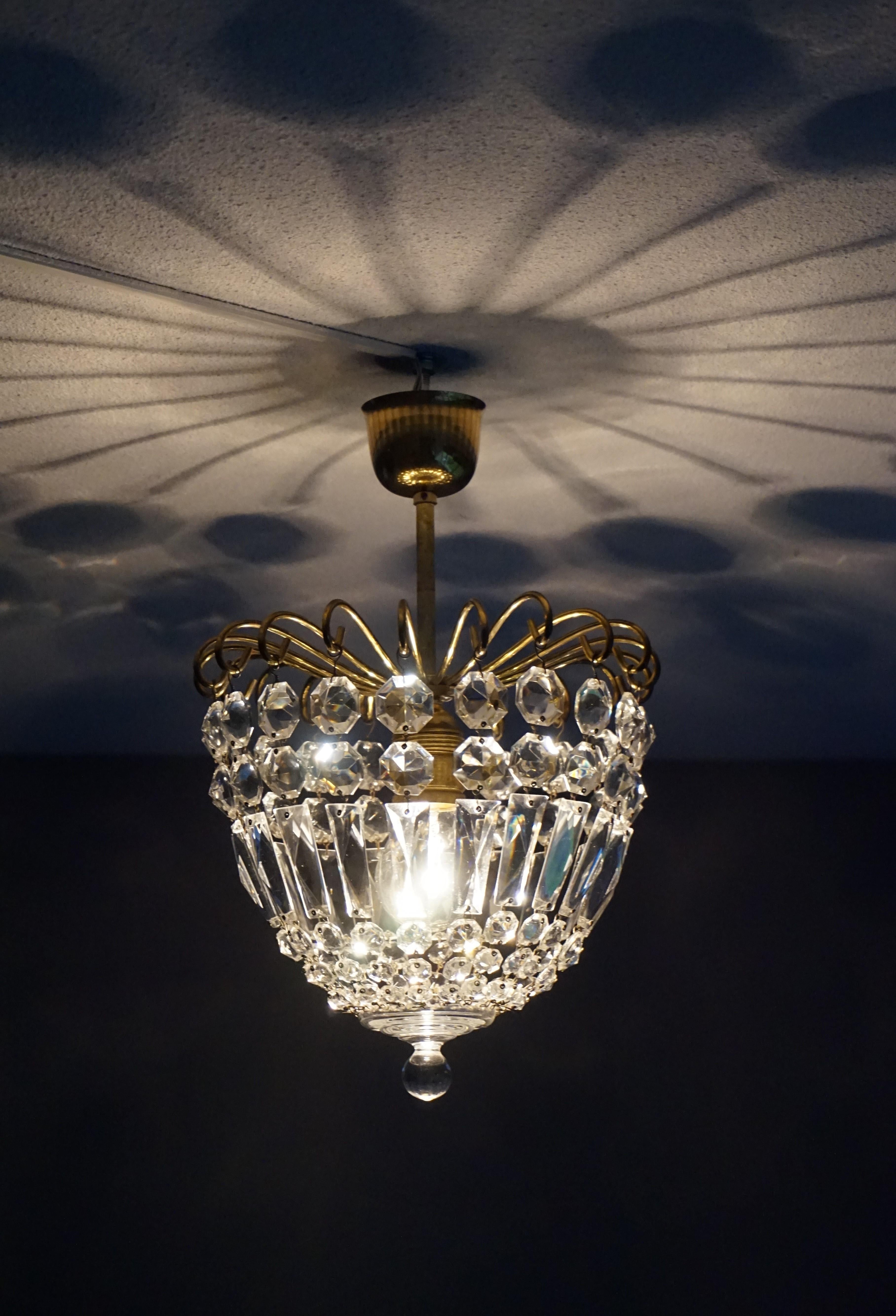 Stylish Little Mid Century Brass and Crystal Glass Murano Pendant Light Fixture 3