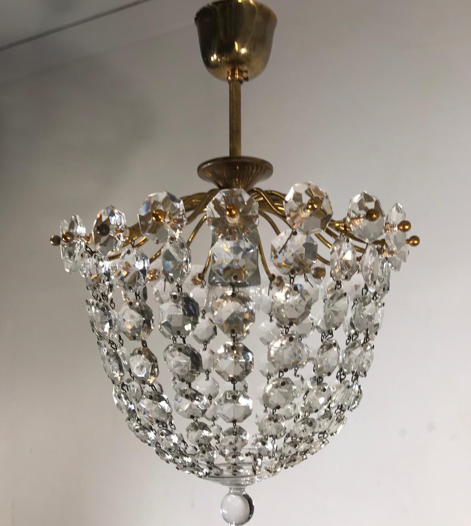 Stylish Little Midcentury Brass and Crystal Glass Murano Pendant Light Fixture 3