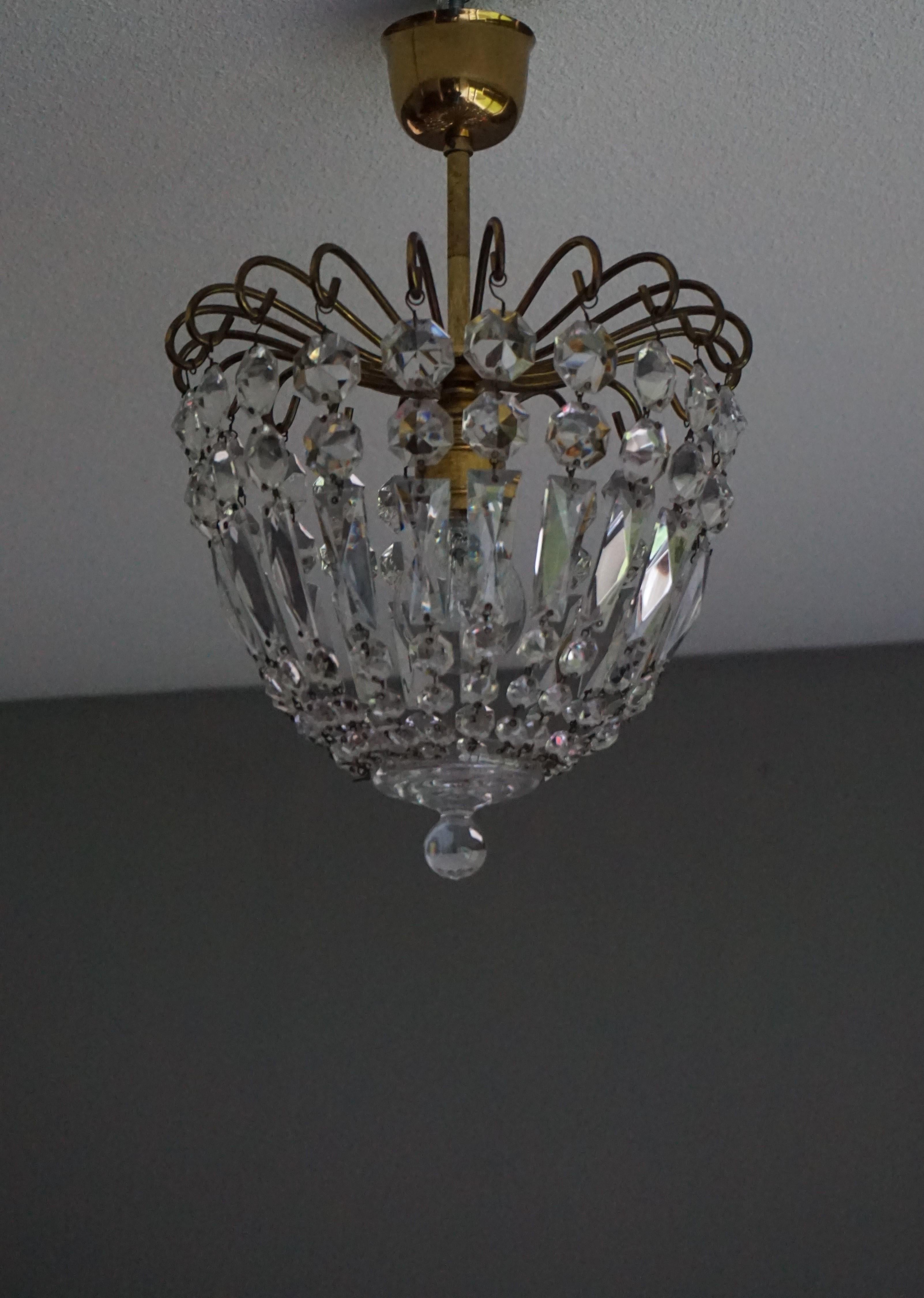 Stylish Little Mid Century Brass and Crystal Glass Murano Pendant Light Fixture 4
