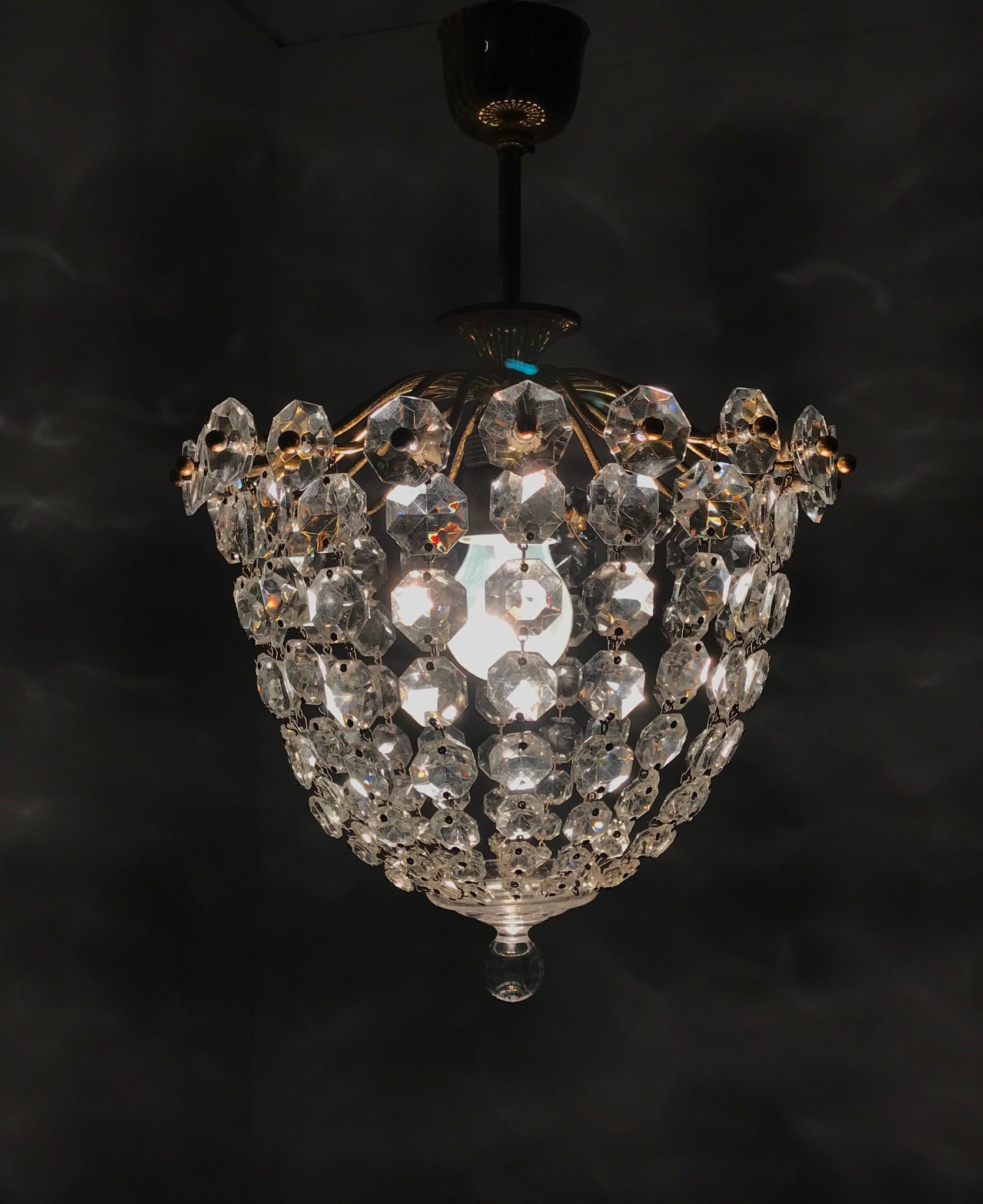 Stylish Little Midcentury Brass and Crystal Glass Murano Pendant Light Fixture 4