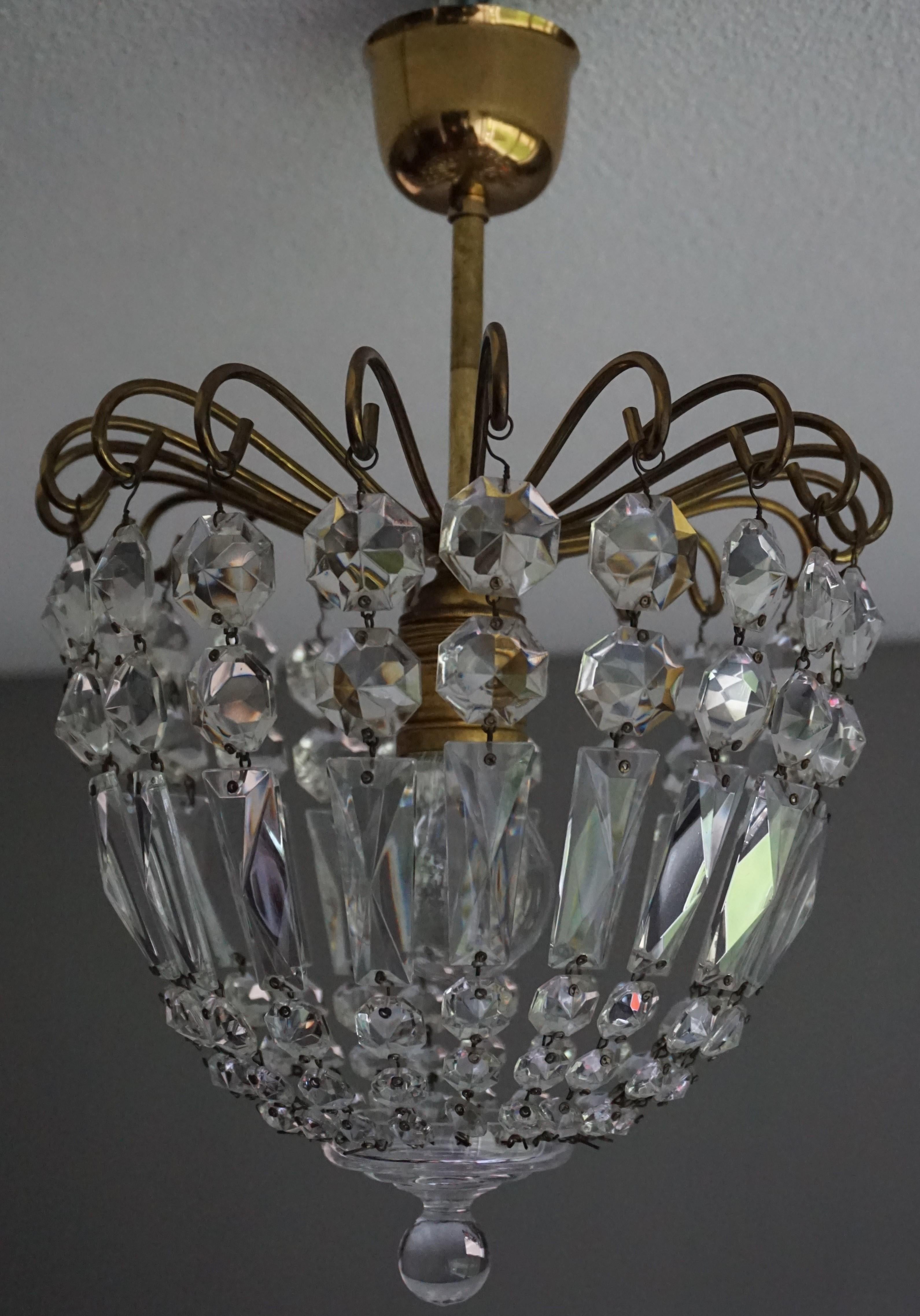 Stylish Little Mid Century Brass and Crystal Glass Murano Pendant Light Fixture 5